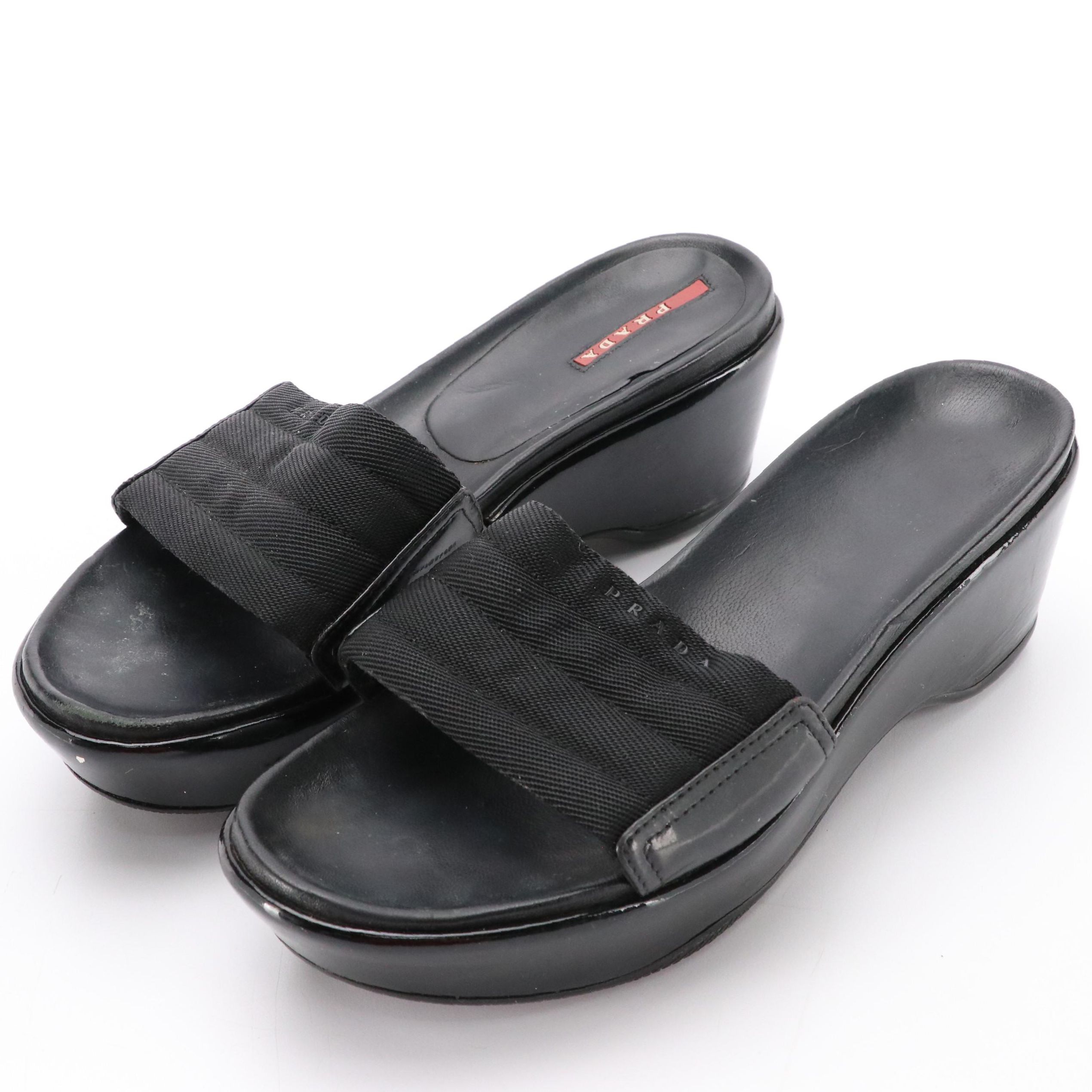 Prada Sport Platform Wedge Sandals in Patent Leather/Leather