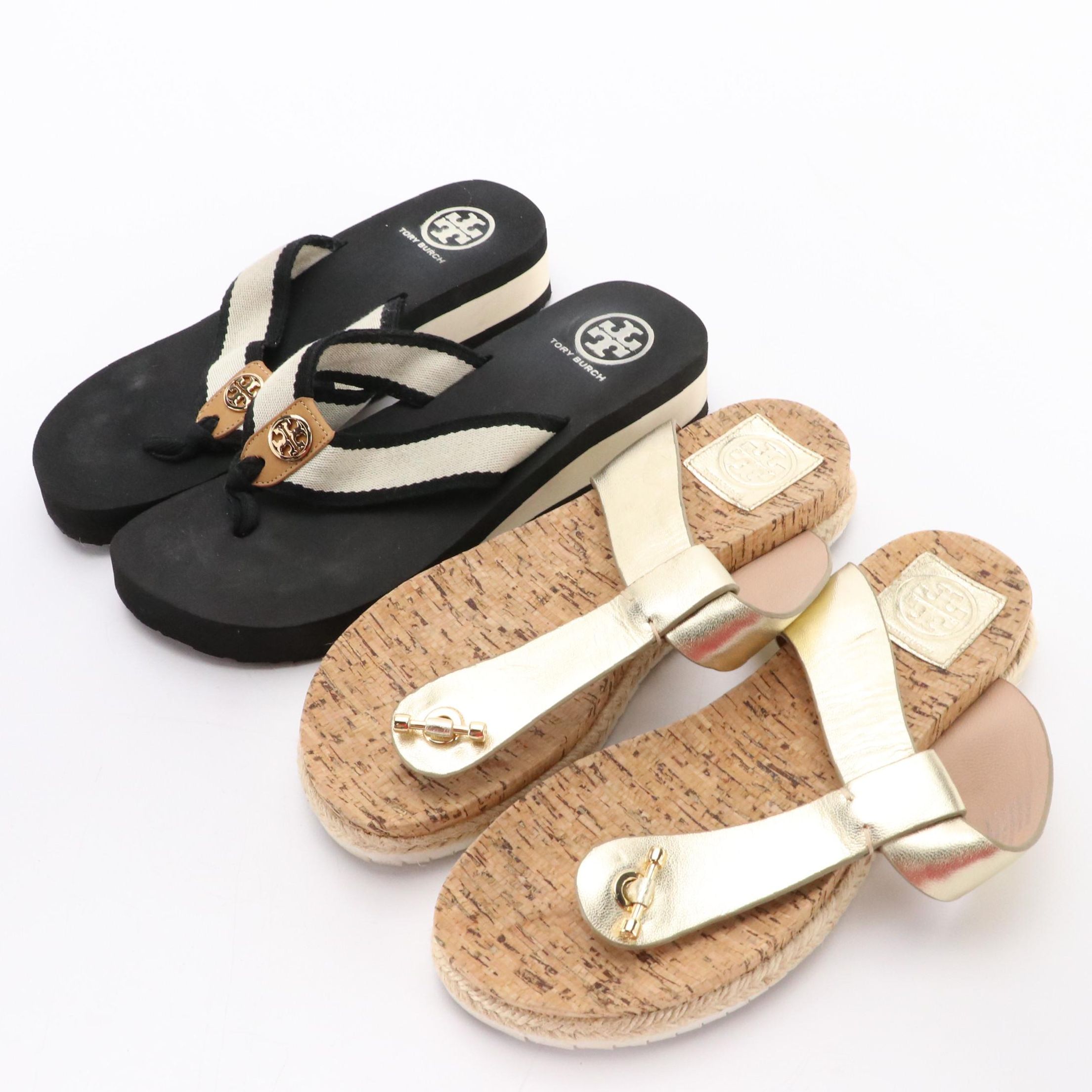 Tory Burch B&W Web Stripe Flip Flops, Metallic Leather and Cork Sandals