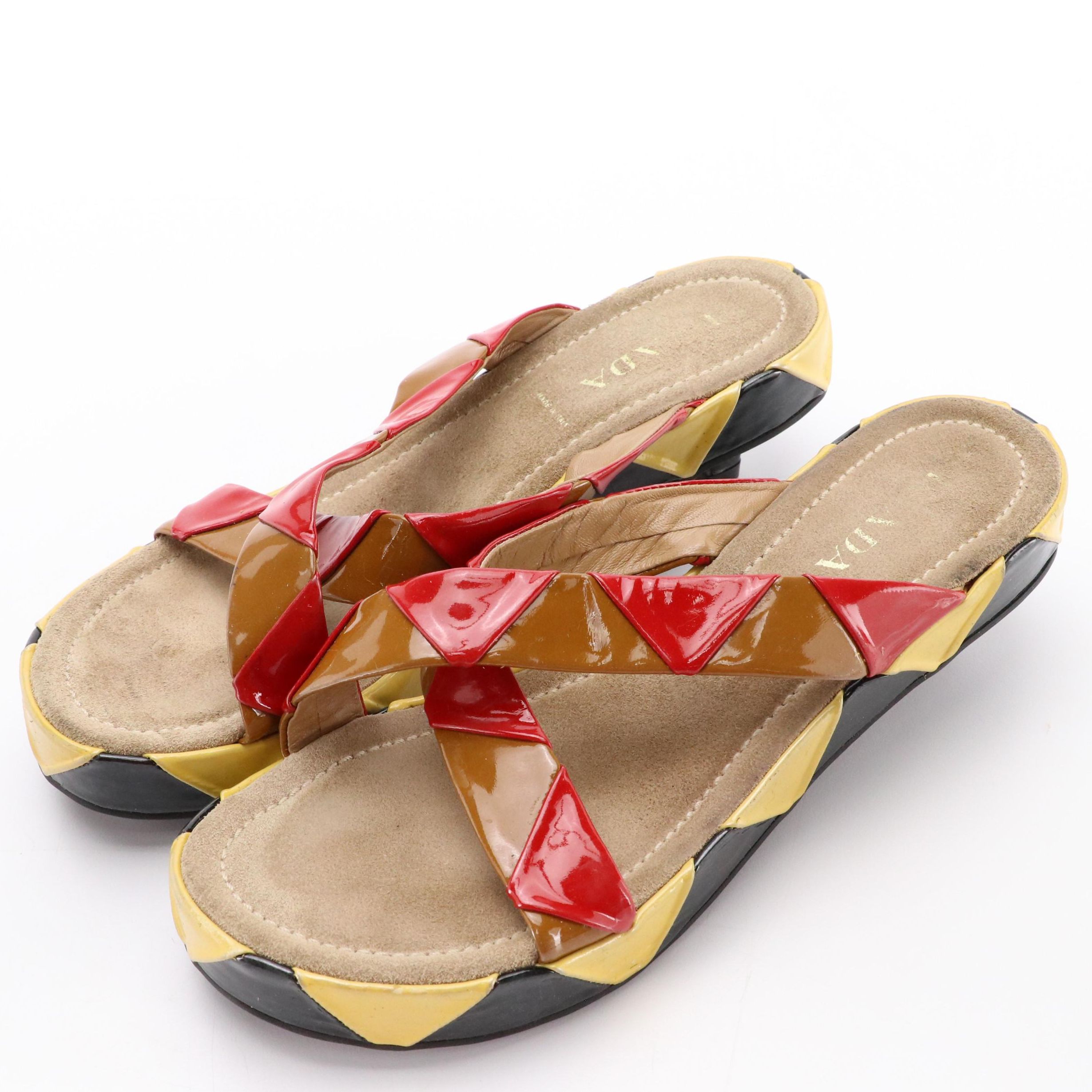 Prada Kitten Heel Sandals in Harlequin Pattern Patent Leather