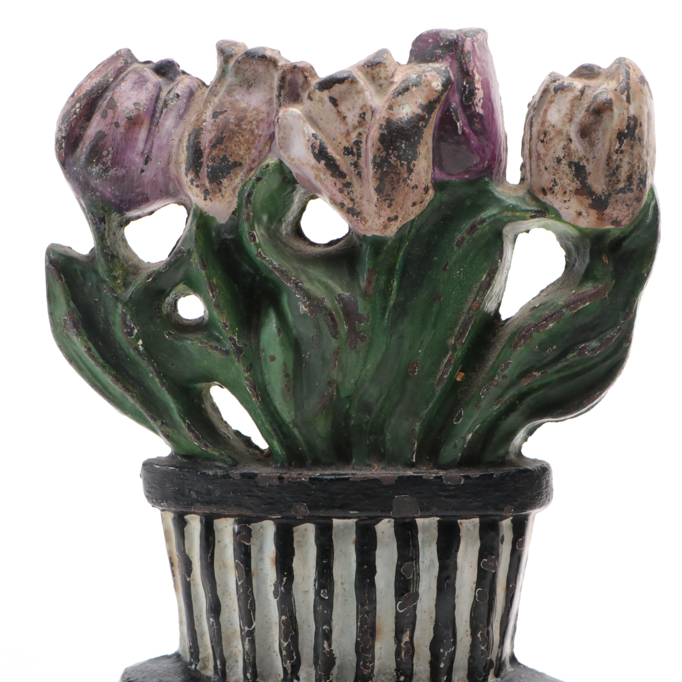 Cold-Painted Cast Iron National "Tulips" & Judd's Flower Basket #1259 Doorstops