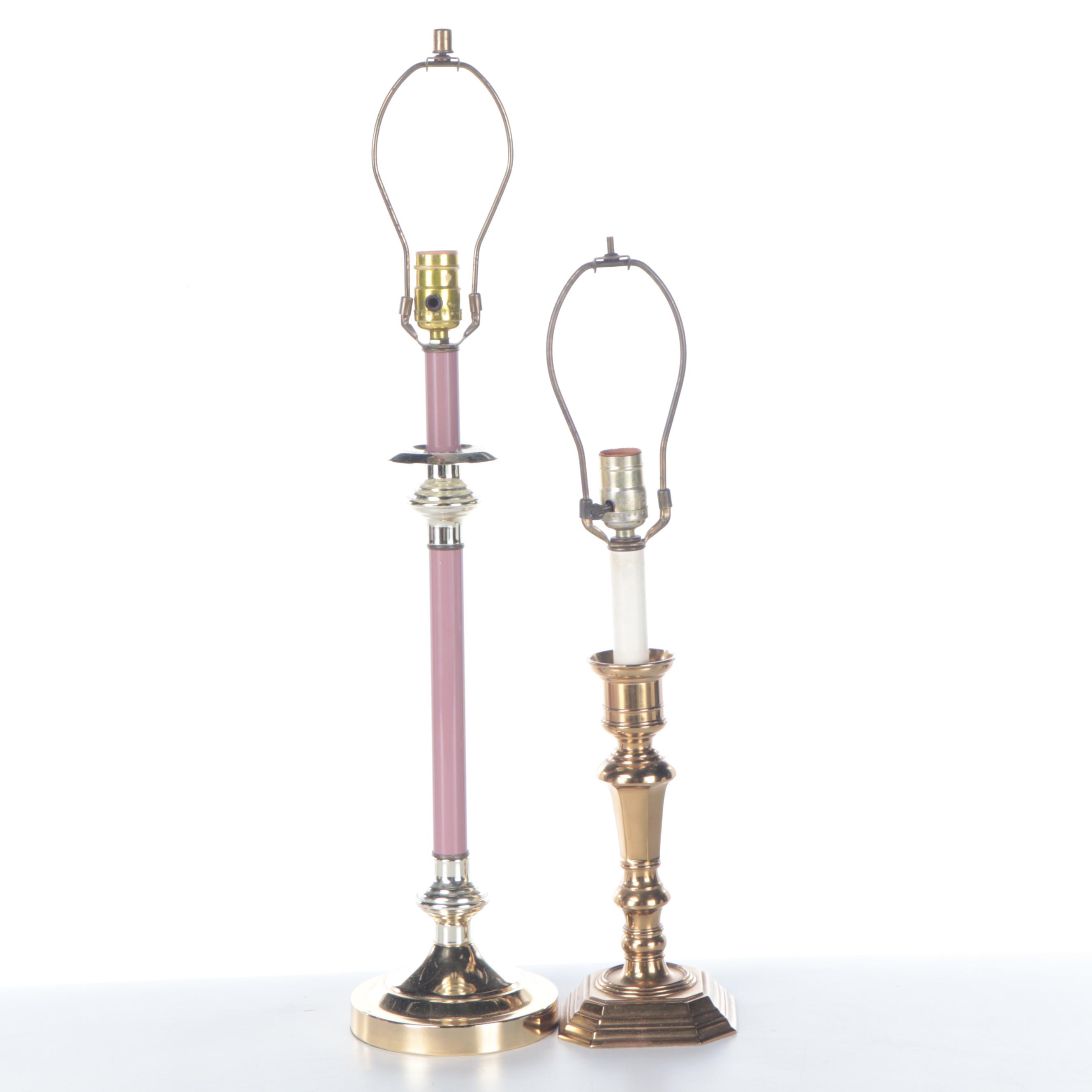 Lacquered Brass and Mauve Enameled Candlestick Table Lamps, Late 20th C.