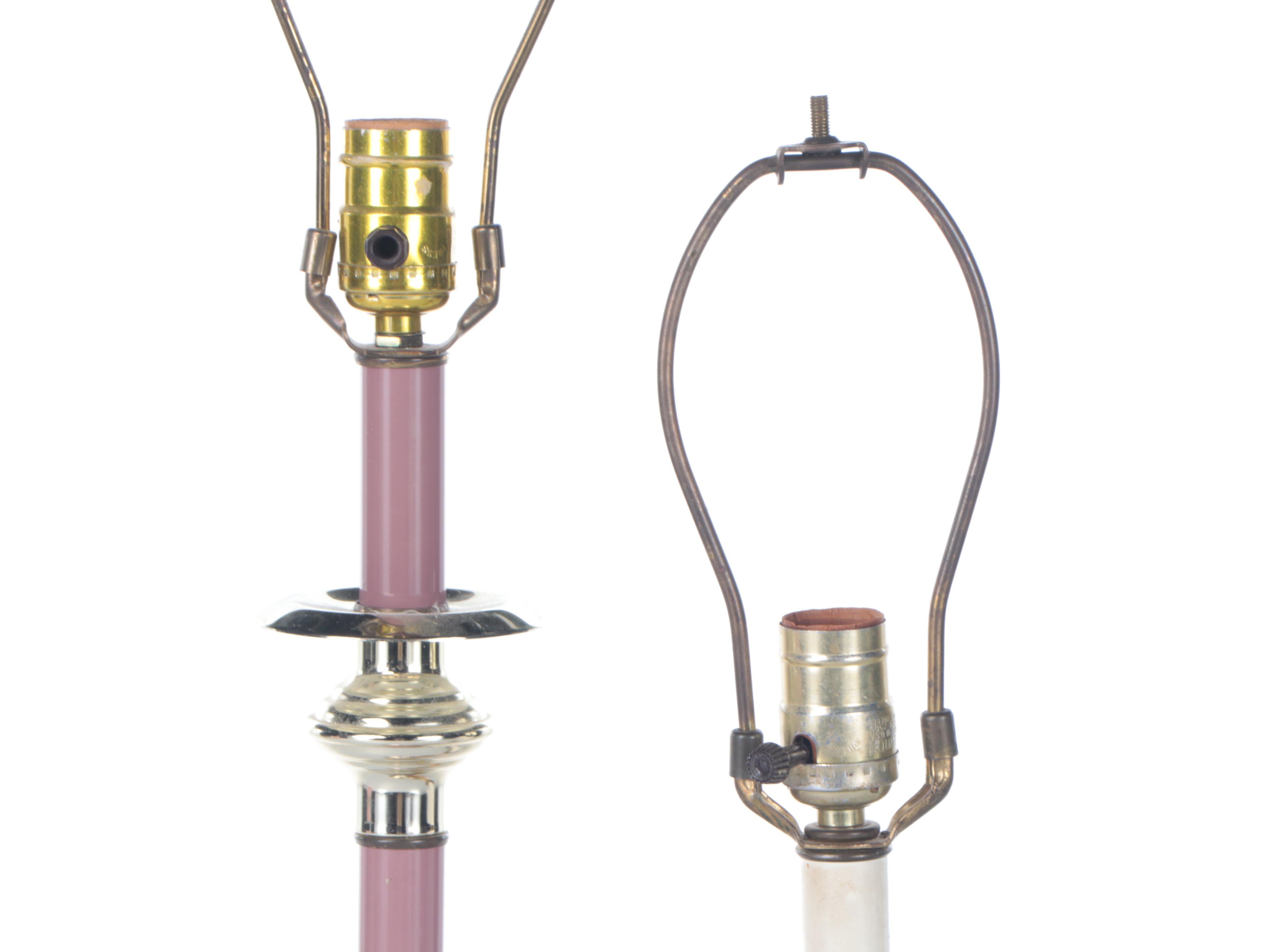 Lacquered Brass and Mauve Enameled Candlestick Table Lamps, Late 20th C.