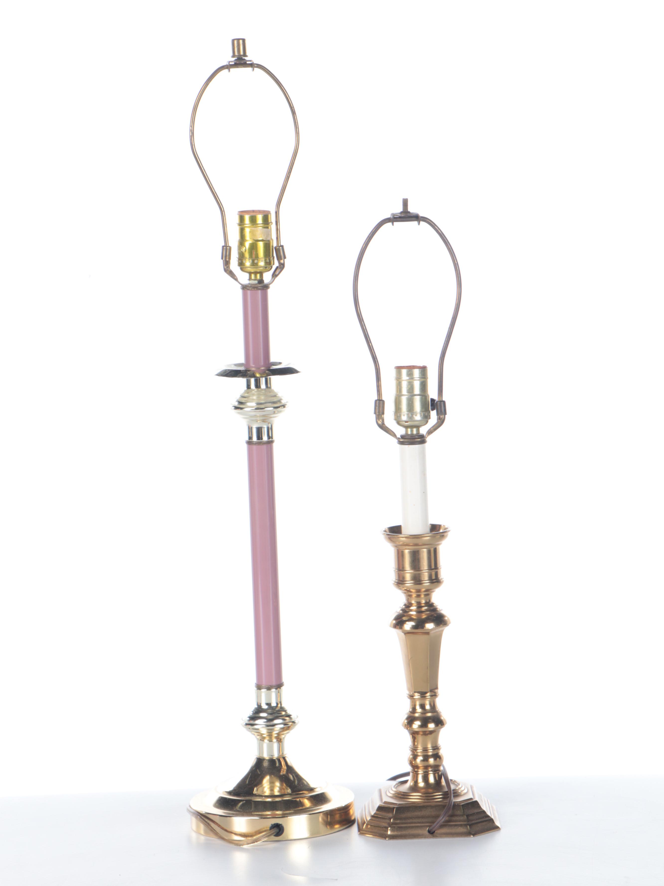 Lacquered Brass and Mauve Enameled Candlestick Table Lamps, Late 20th C.