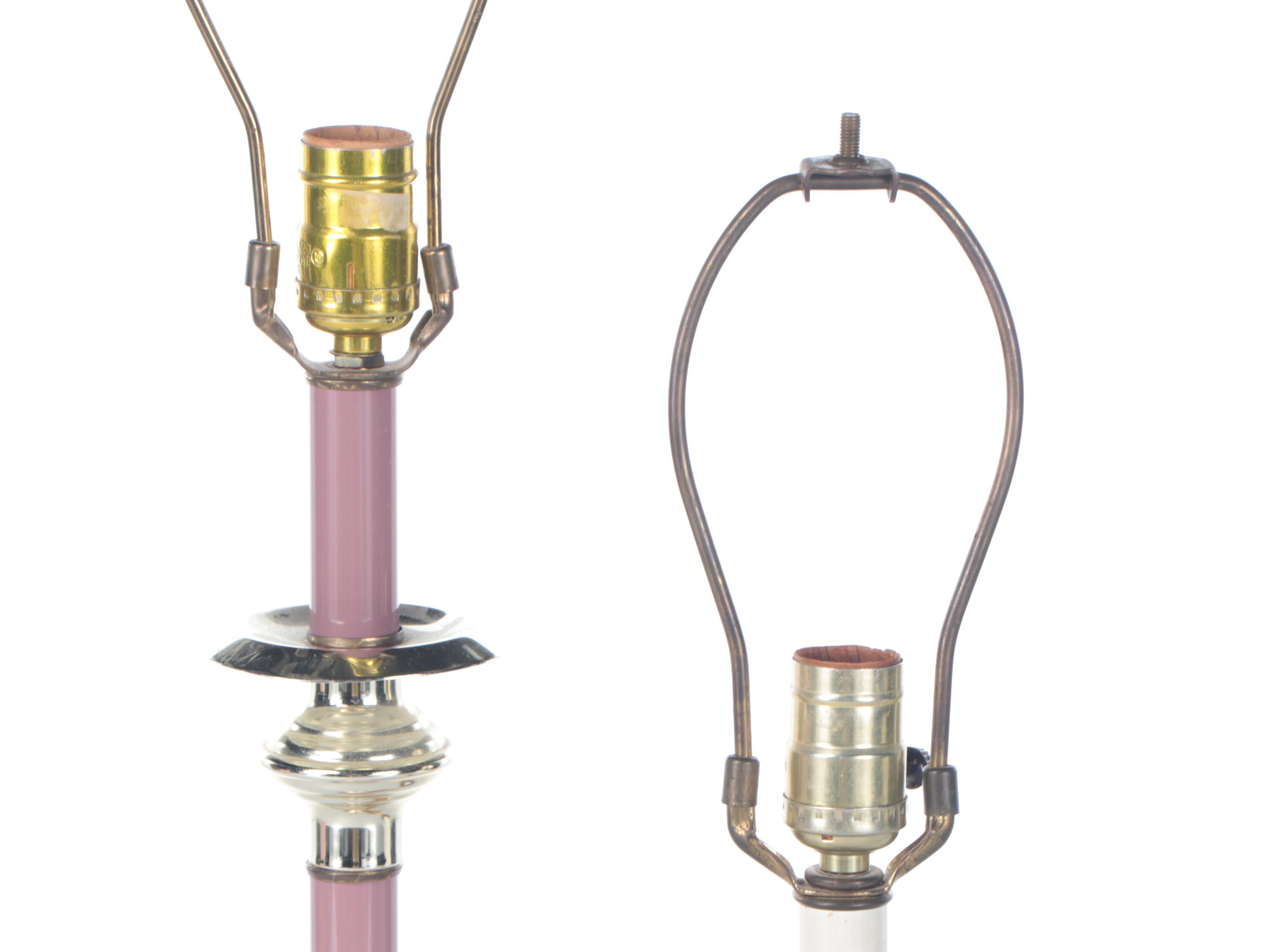 Lacquered Brass and Mauve Enameled Candlestick Table Lamps, Late 20th C.