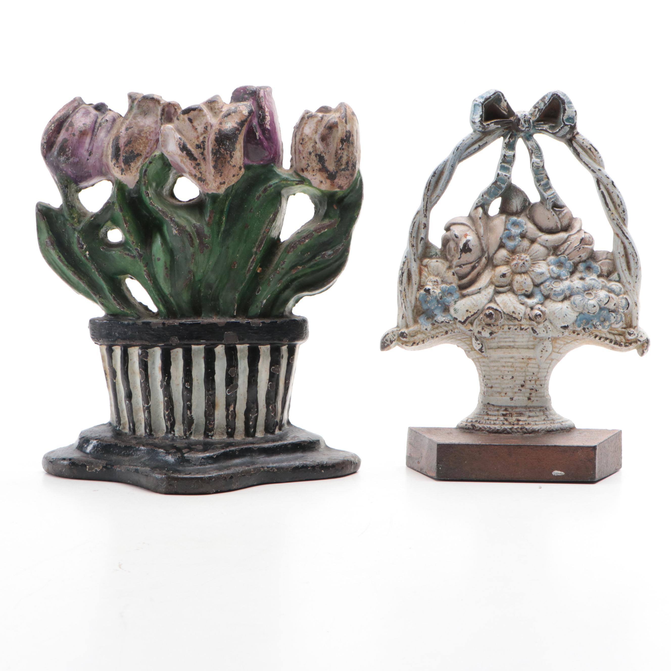 Cold-Painted Cast Iron National "Tulips" & Judd's Flower Basket #1259 Doorstops