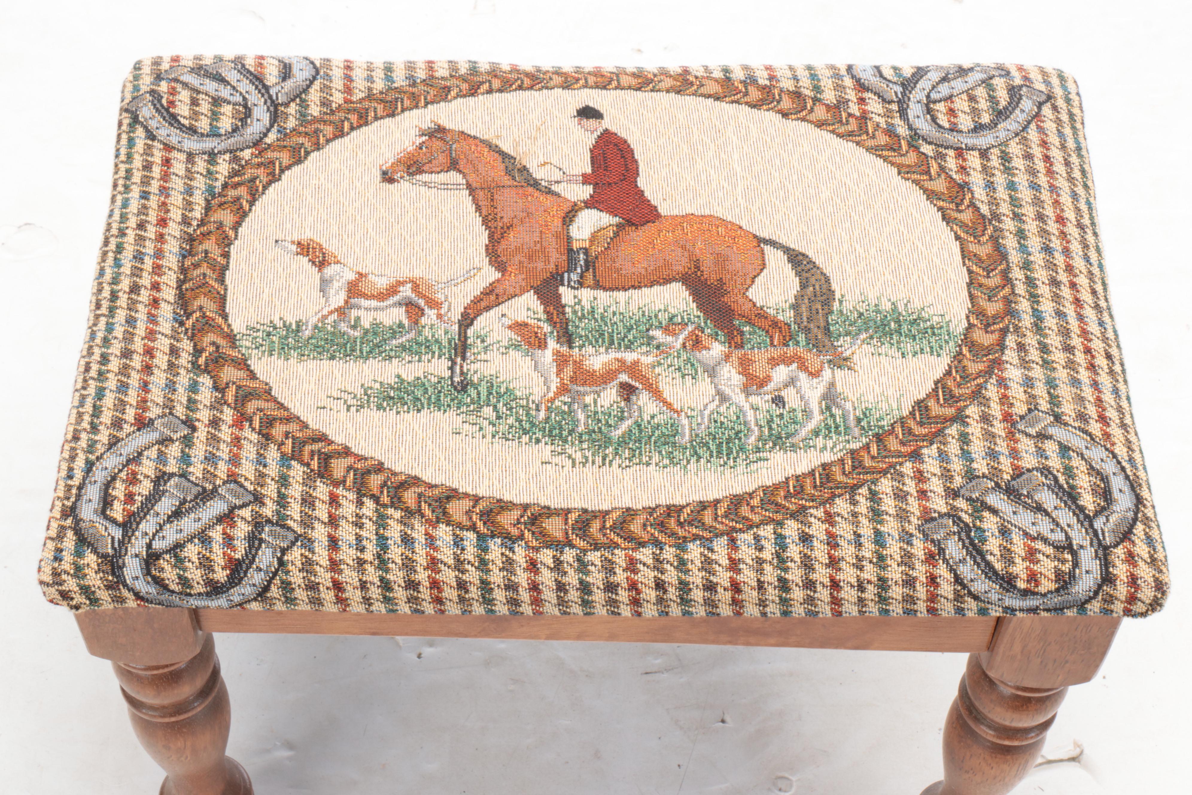 Mahogany Magazine Rack with Fox Hunt Motif Upholstered Wood Footstool