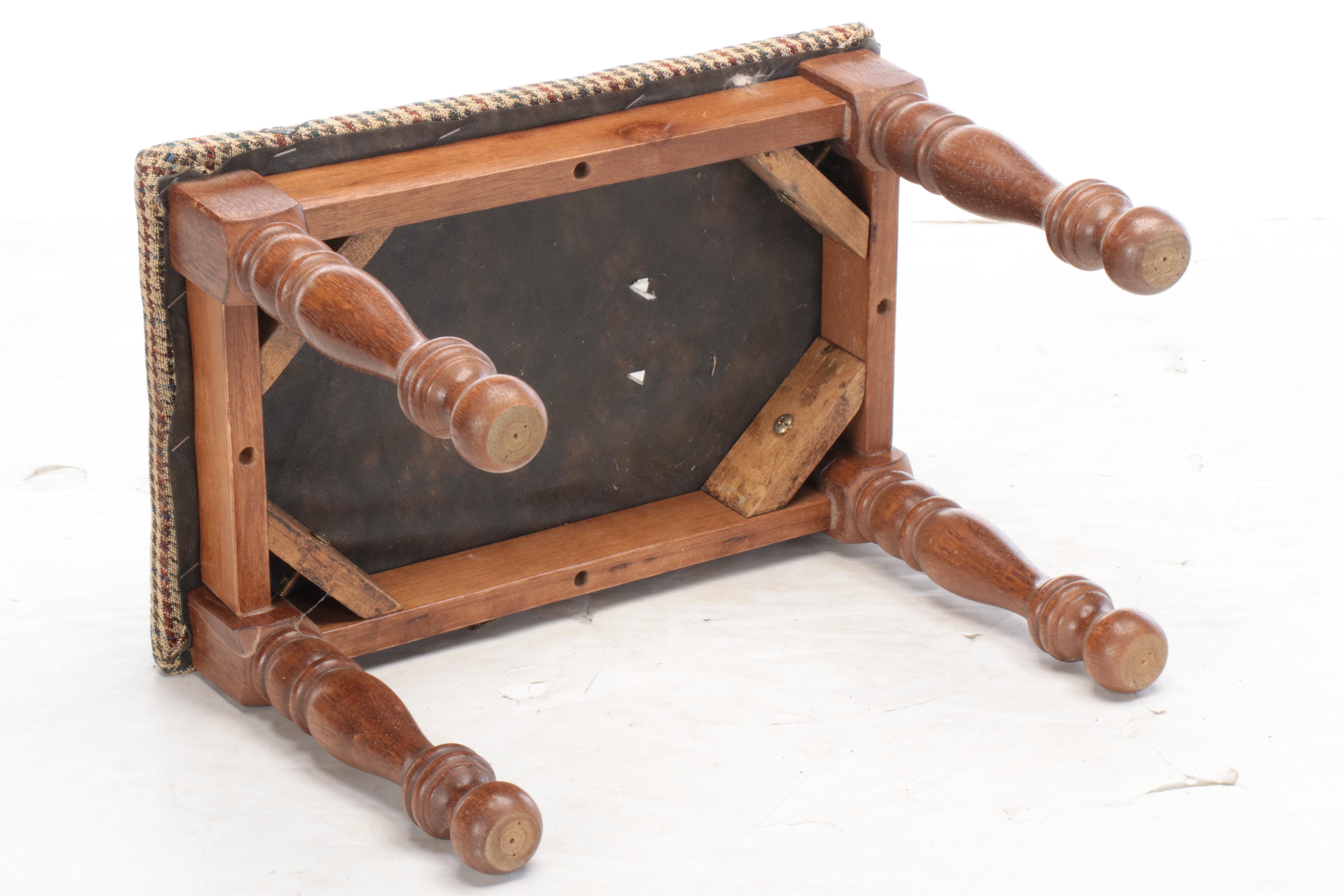 Mahogany Magazine Rack with Fox Hunt Motif Upholstered Wood Footstool