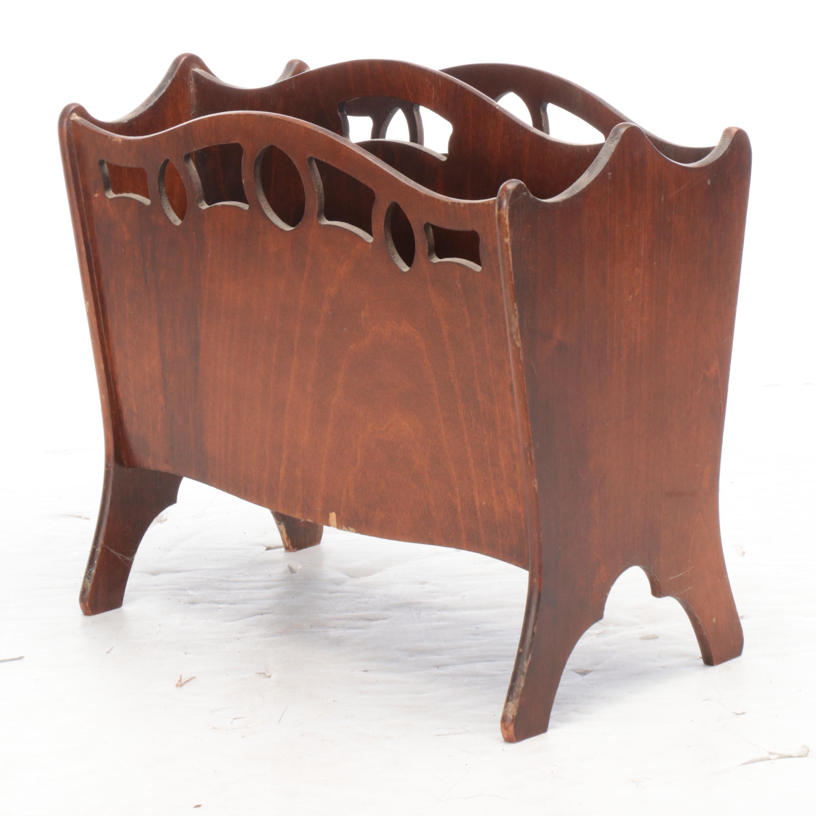 Mahogany Magazine Rack with Fox Hunt Motif Upholstered Wood Footstool