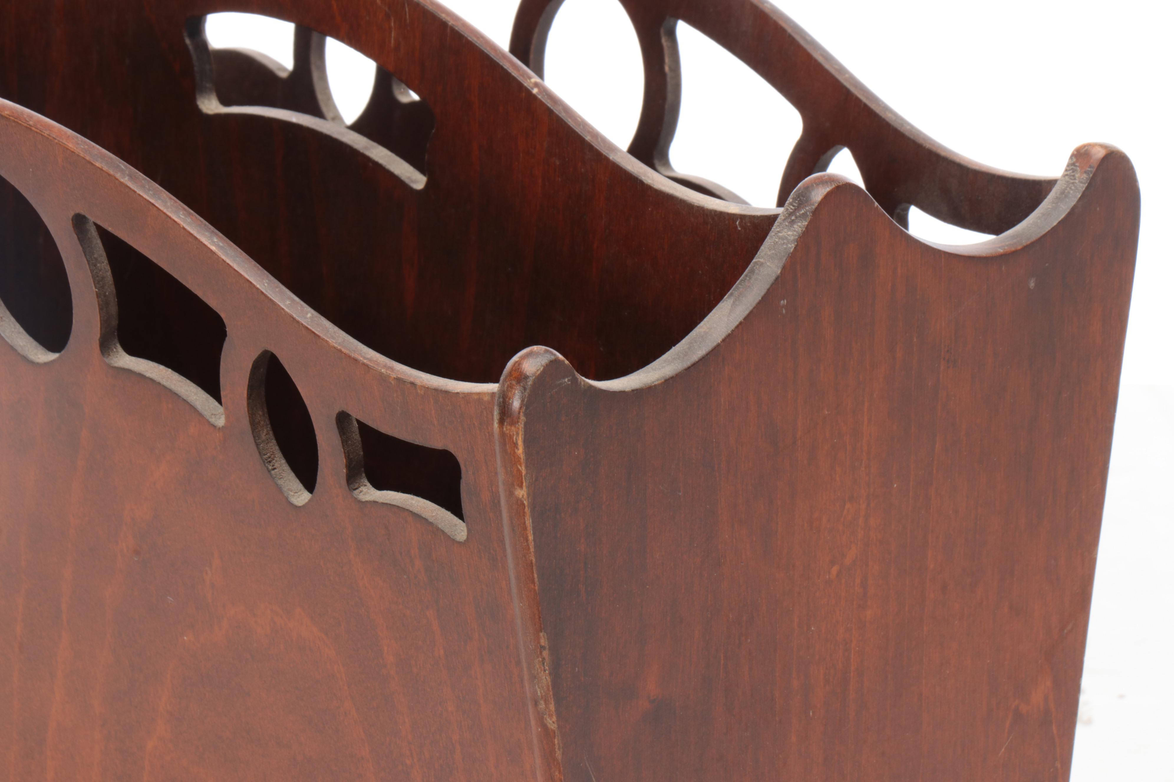 Mahogany Magazine Rack with Fox Hunt Motif Upholstered Wood Footstool