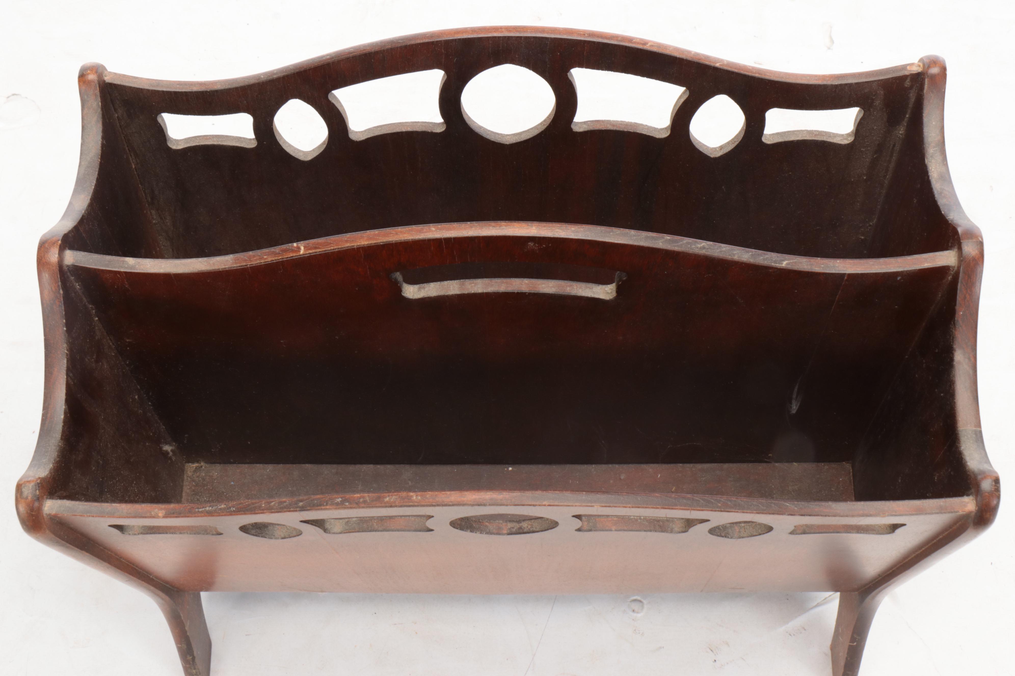 Mahogany Magazine Rack with Fox Hunt Motif Upholstered Wood Footstool