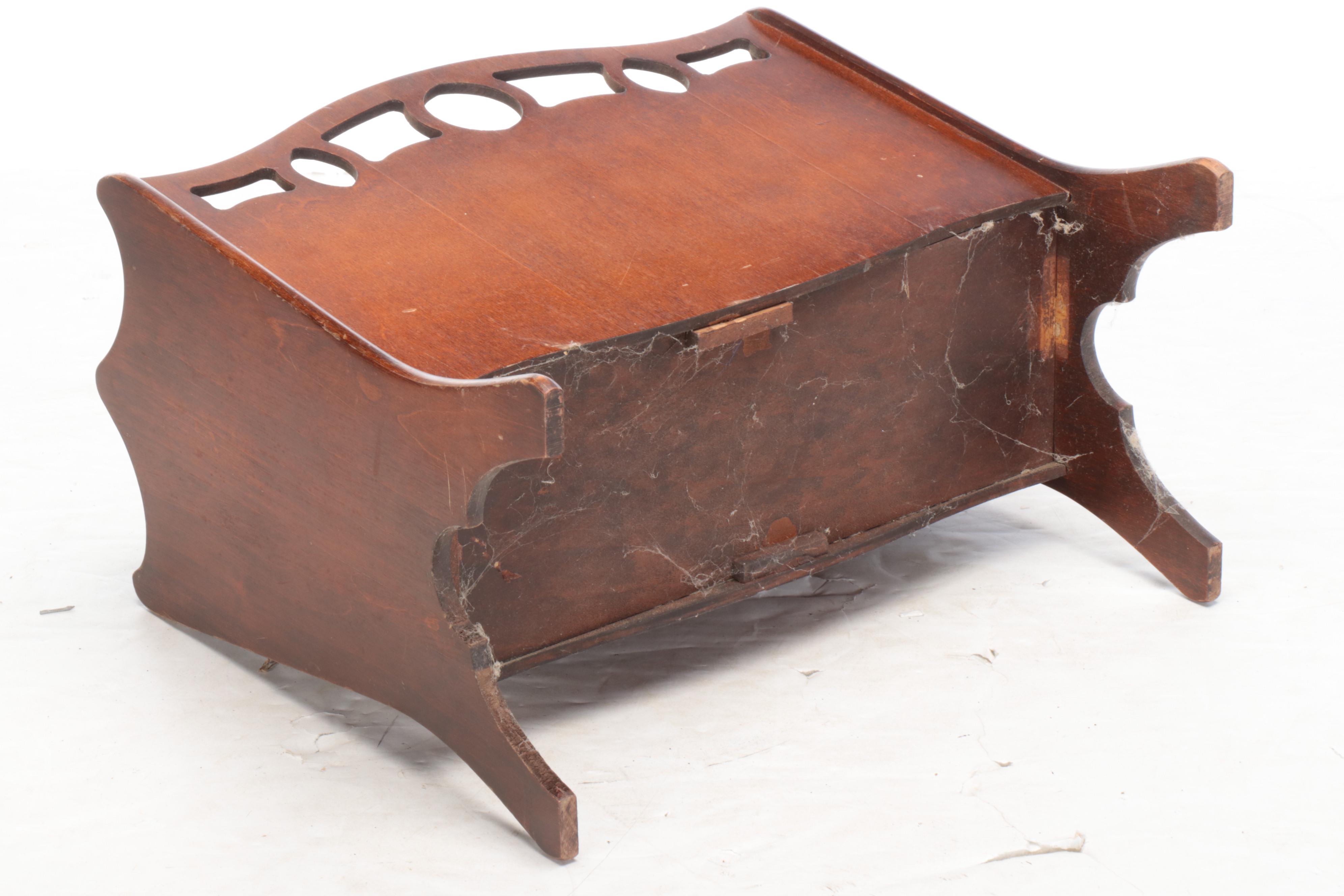 Mahogany Magazine Rack with Fox Hunt Motif Upholstered Wood Footstool