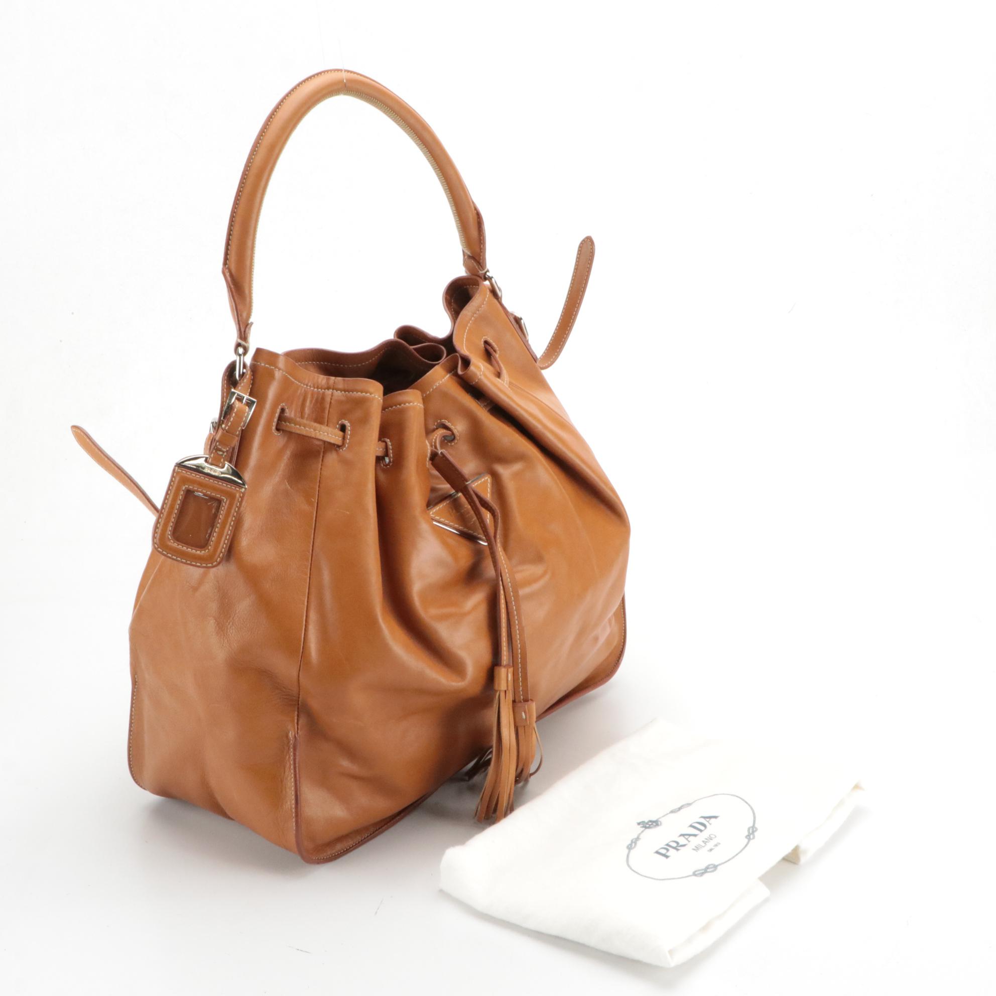 Prada Drawstring Tassel Bucket Bag in Brown Calfskin Leather