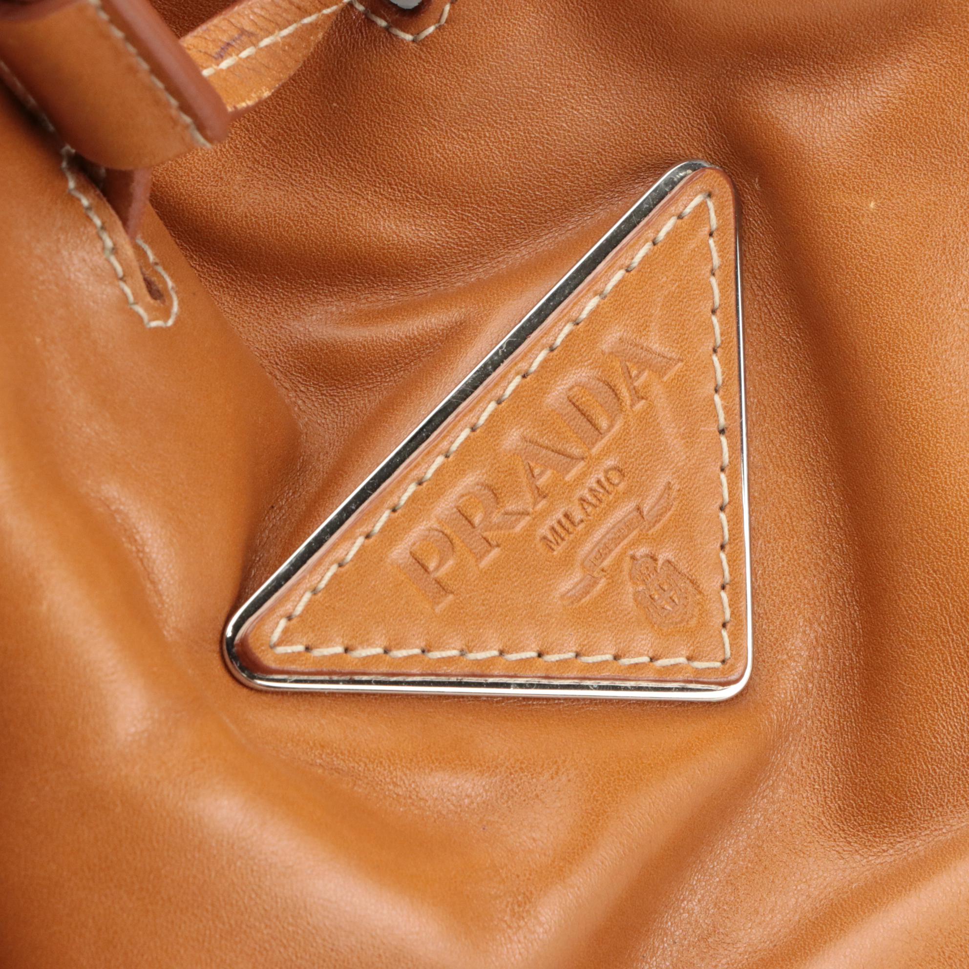 Prada Drawstring Tassel Bucket Bag in Brown Calfskin Leather