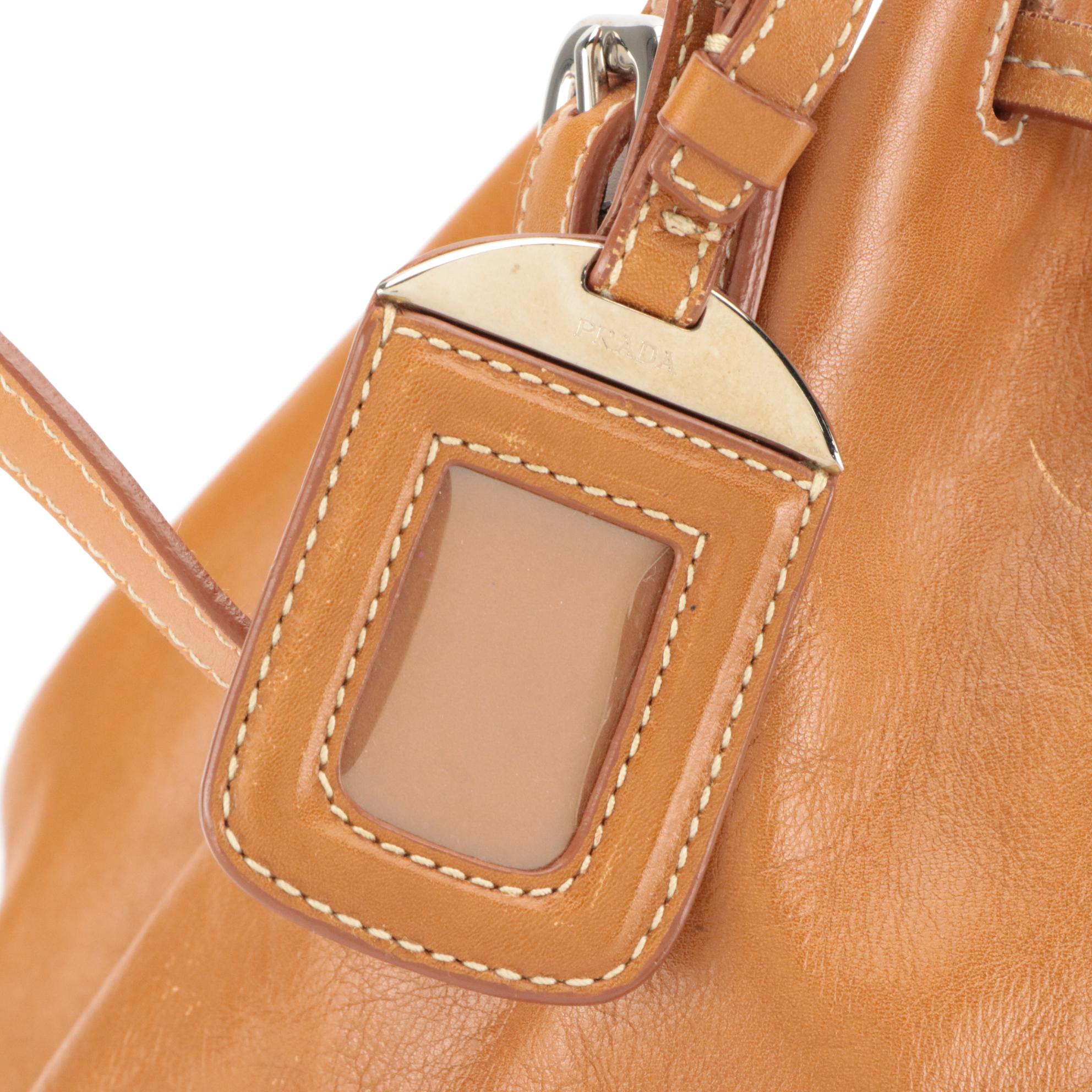 Prada Drawstring Tassel Bucket Bag in Brown Calfskin Leather