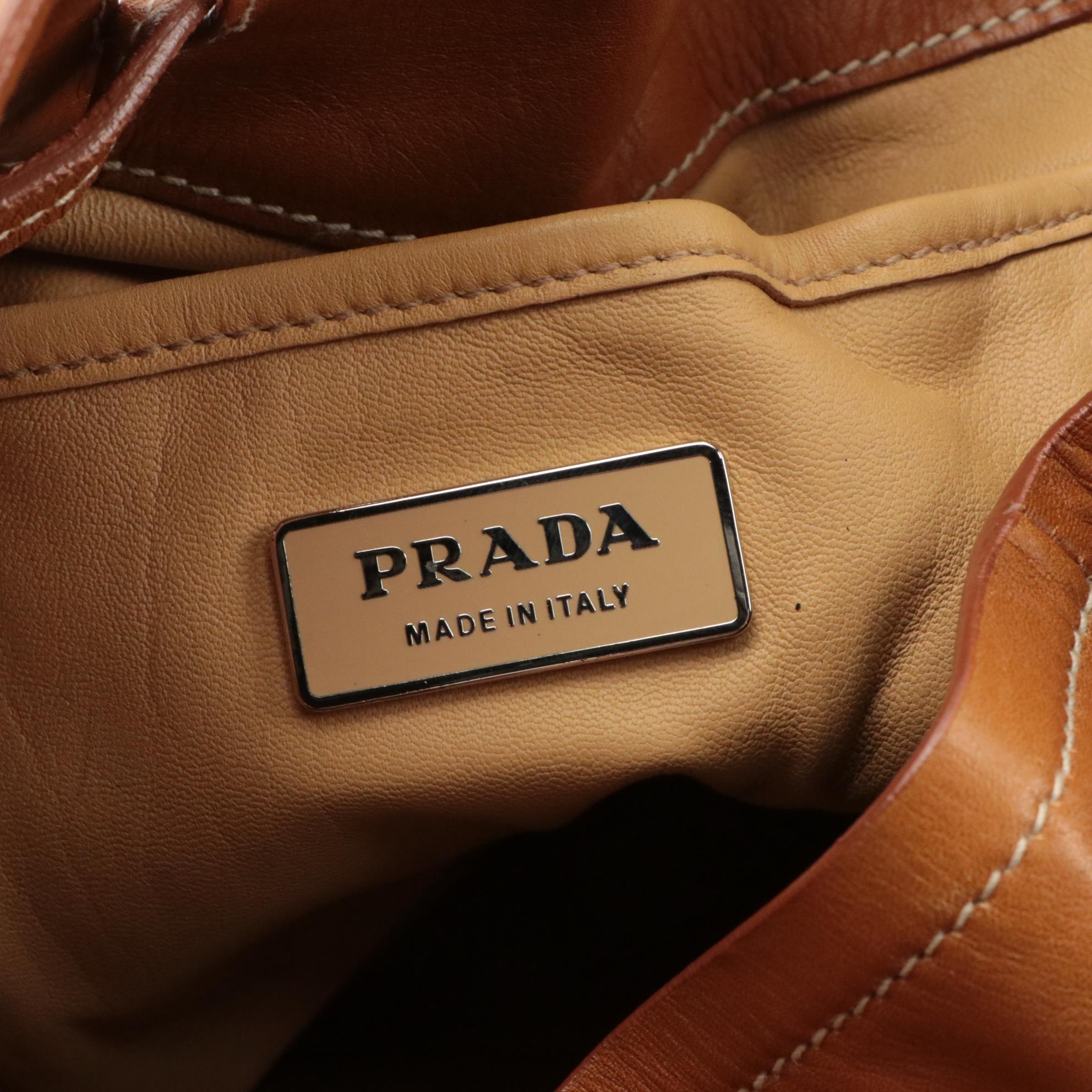 Prada Drawstring Tassel Bucket Bag in Brown Calfskin Leather
