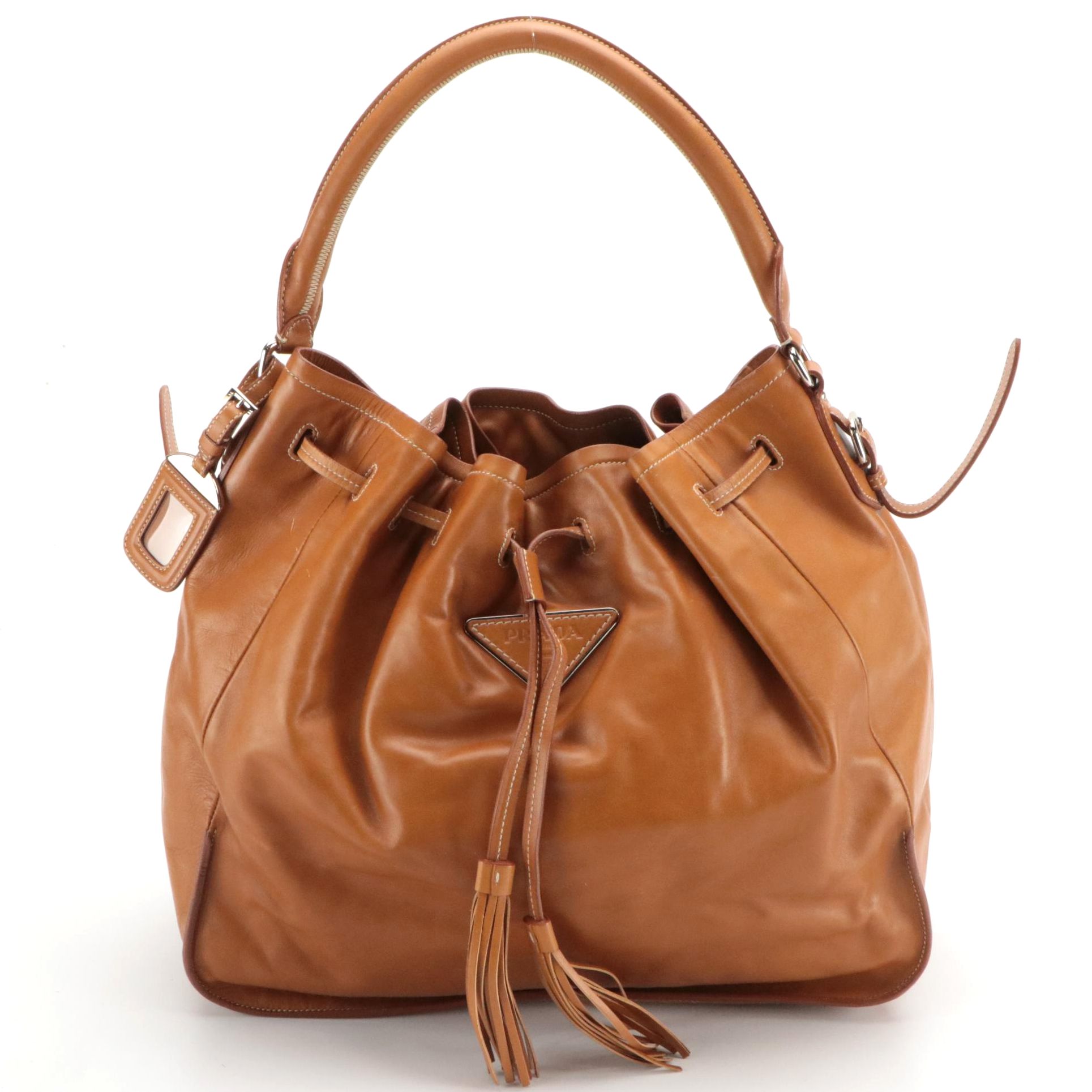Prada Drawstring Tassel Bucket Bag in Brown Calfskin Leather