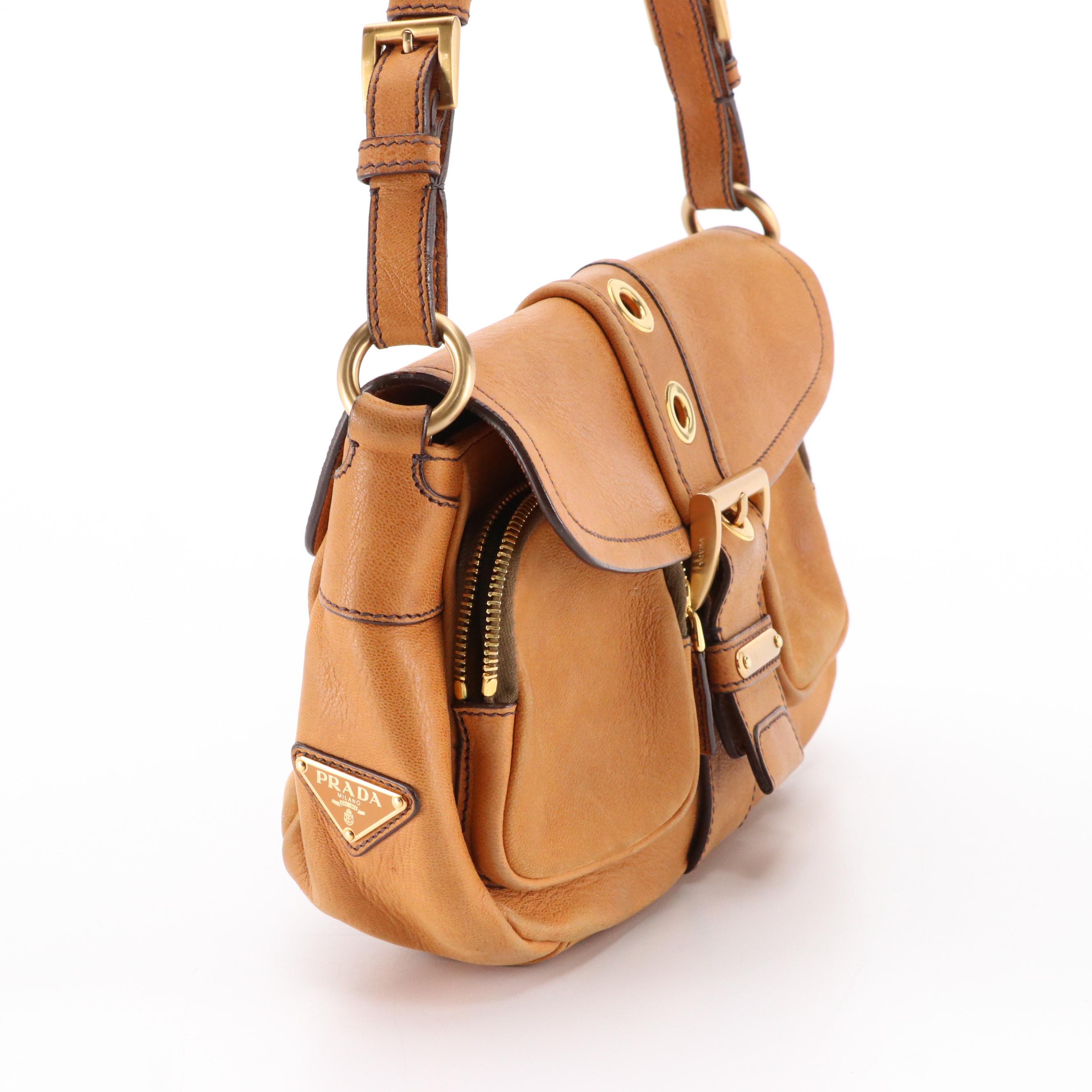 Prada Double-Pocket Buckle Front Shoulder Bag in Copper Leather