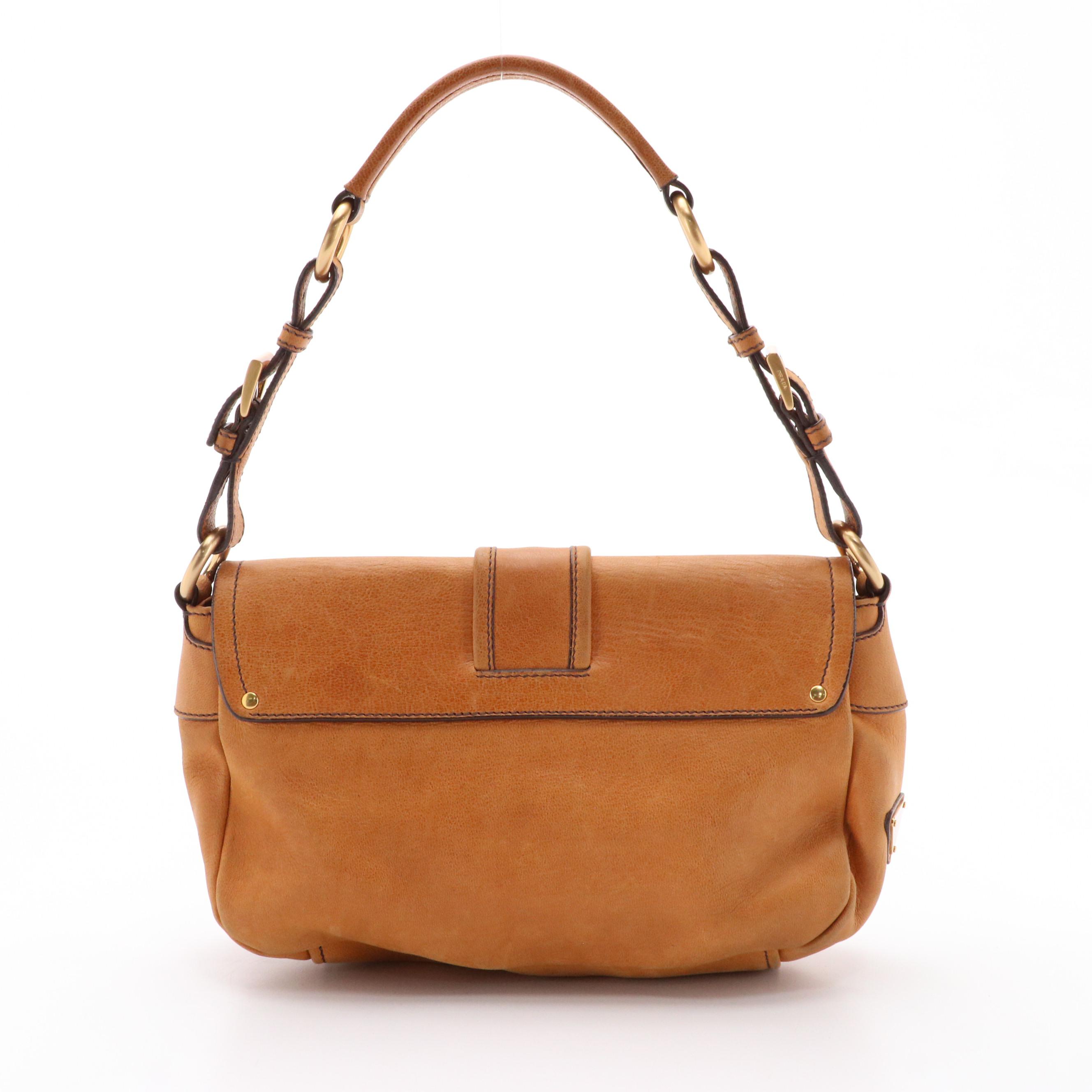 Prada Double-Pocket Buckle Front Shoulder Bag in Copper Leather