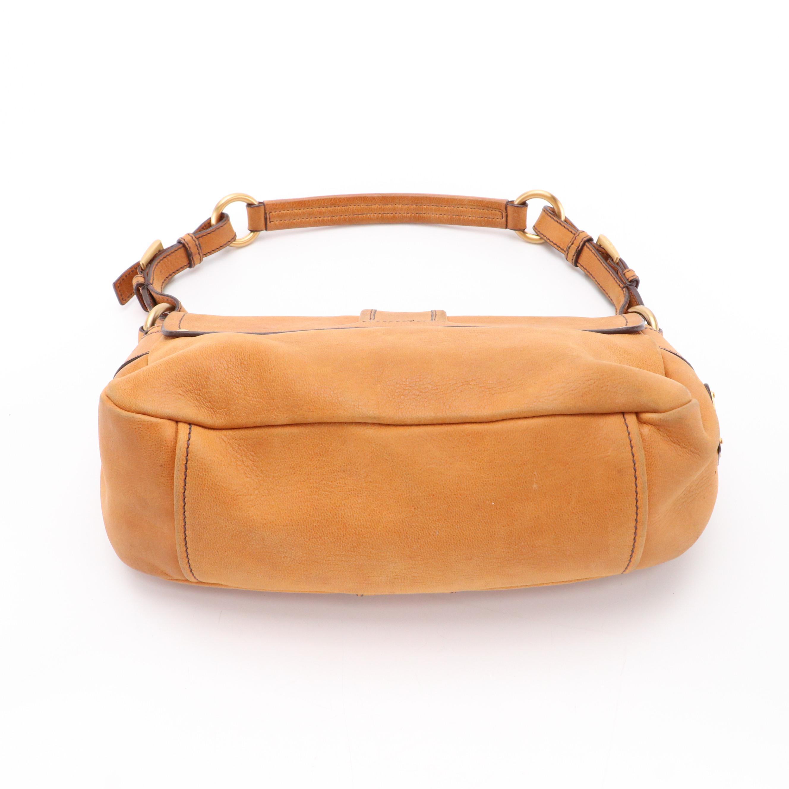 Prada Double-Pocket Buckle Front Shoulder Bag in Copper Leather