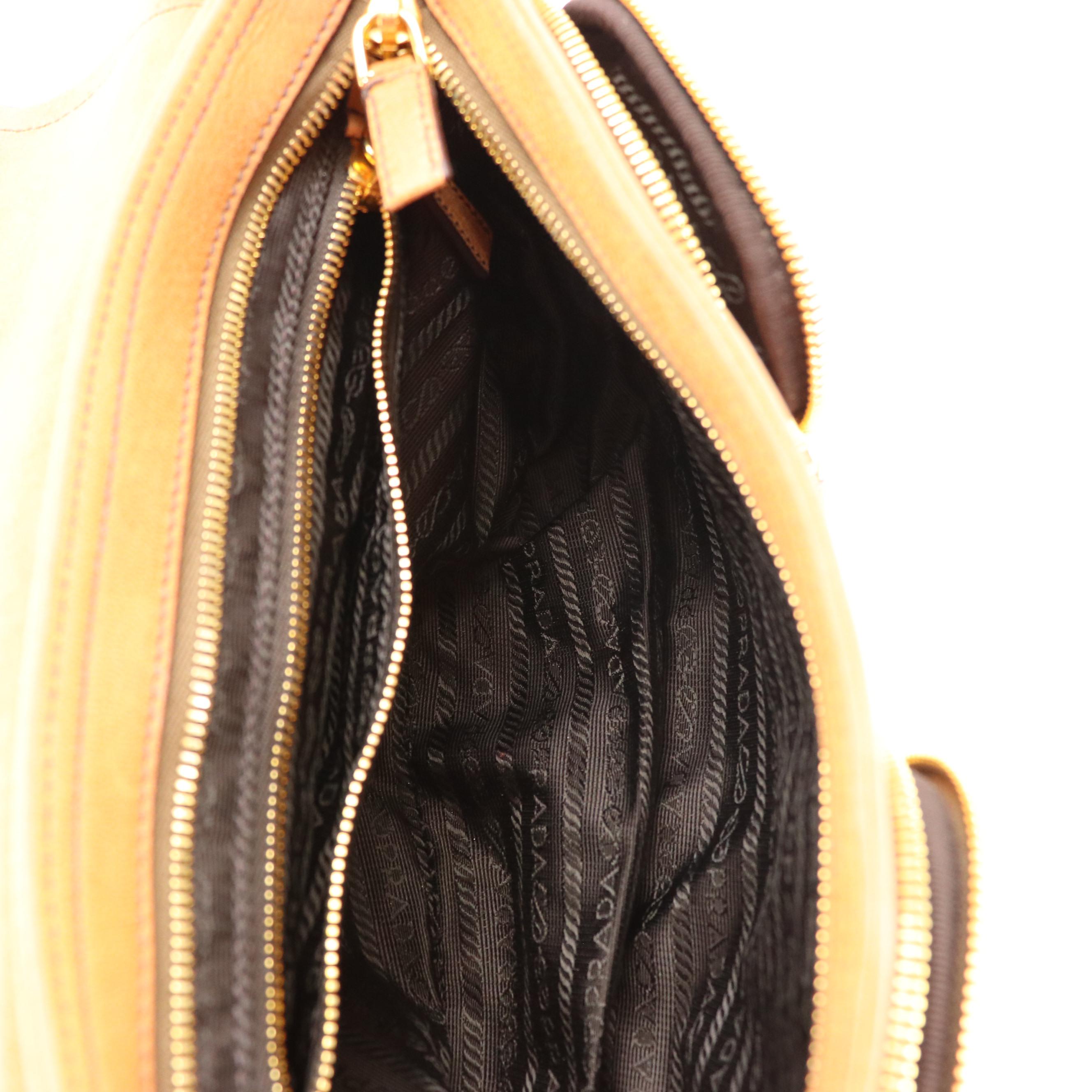 Prada Double-Pocket Buckle Front Shoulder Bag in Copper Leather