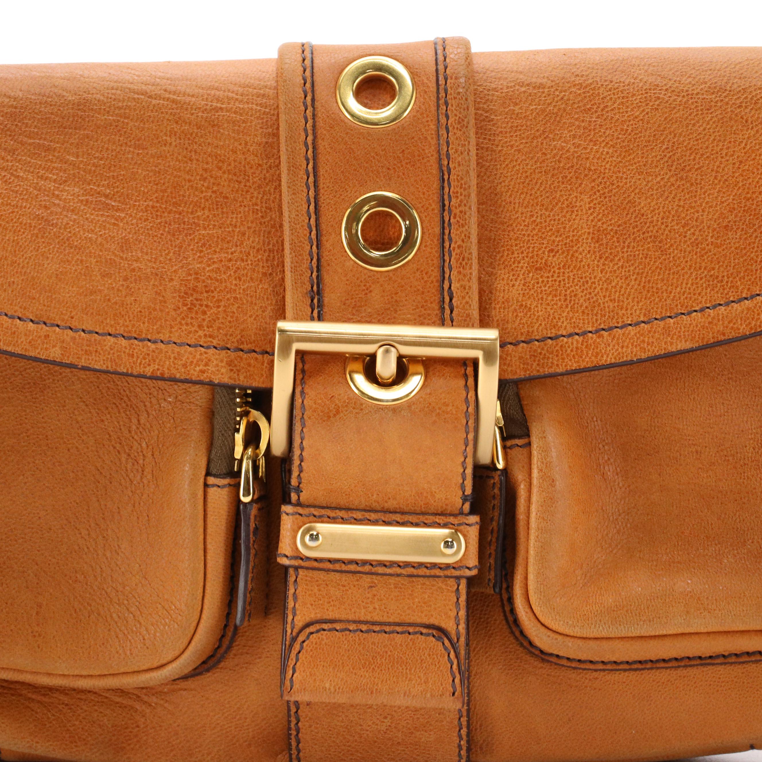 Prada Double-Pocket Buckle Front Shoulder Bag in Copper Leather