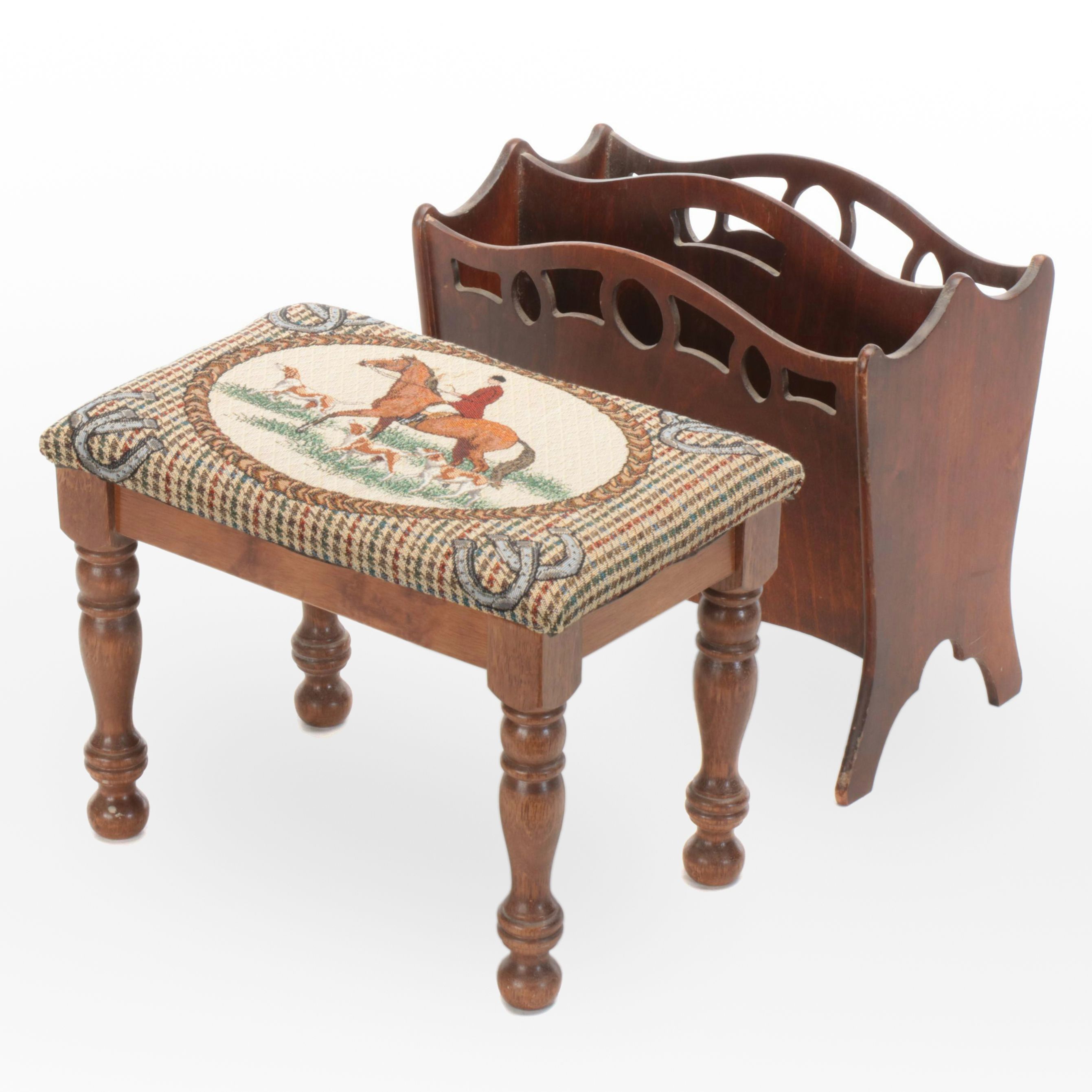 Mahogany Magazine Rack with Fox Hunt Motif Upholstered Wood Footstool