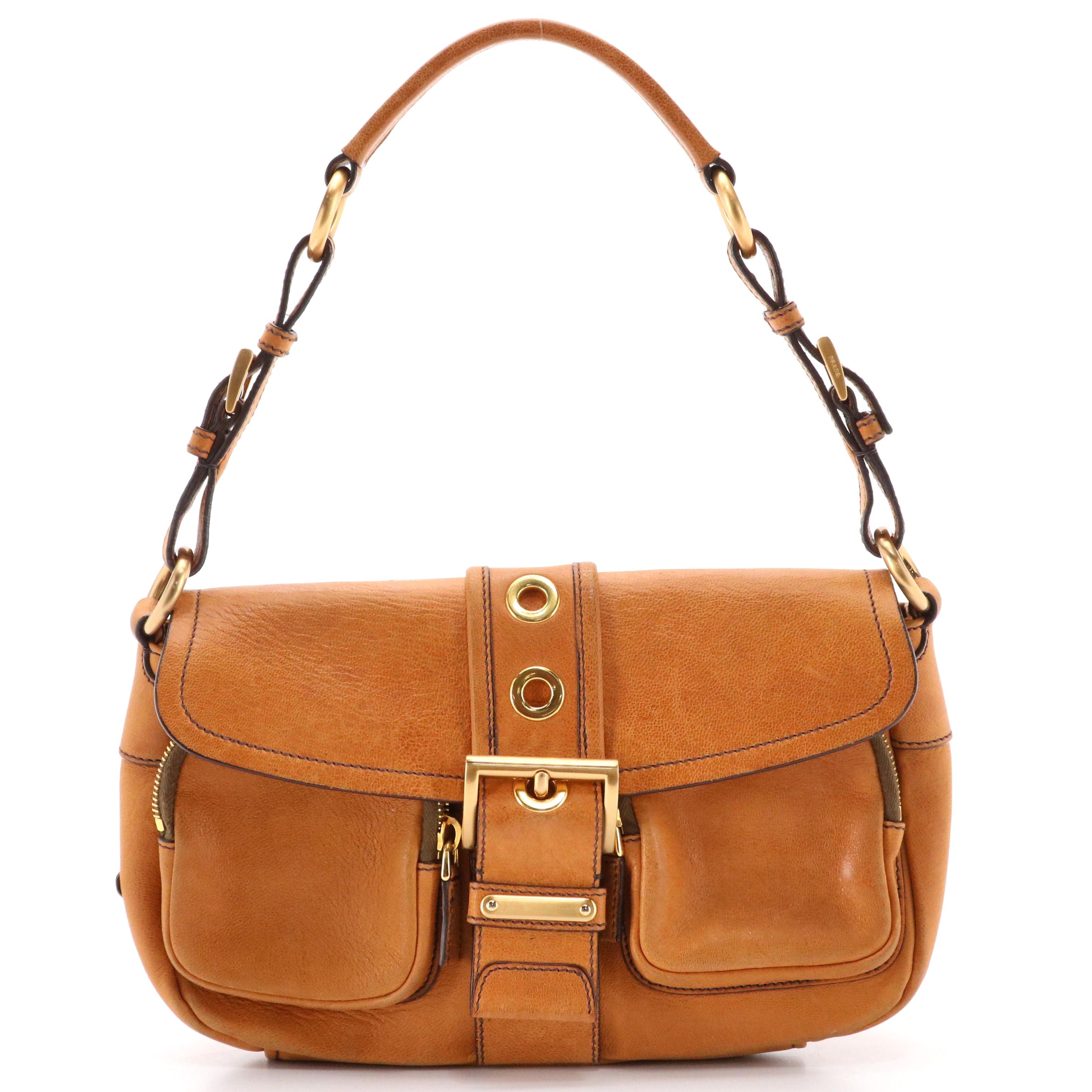 Prada Double-Pocket Buckle Front Shoulder Bag in Copper Leather
