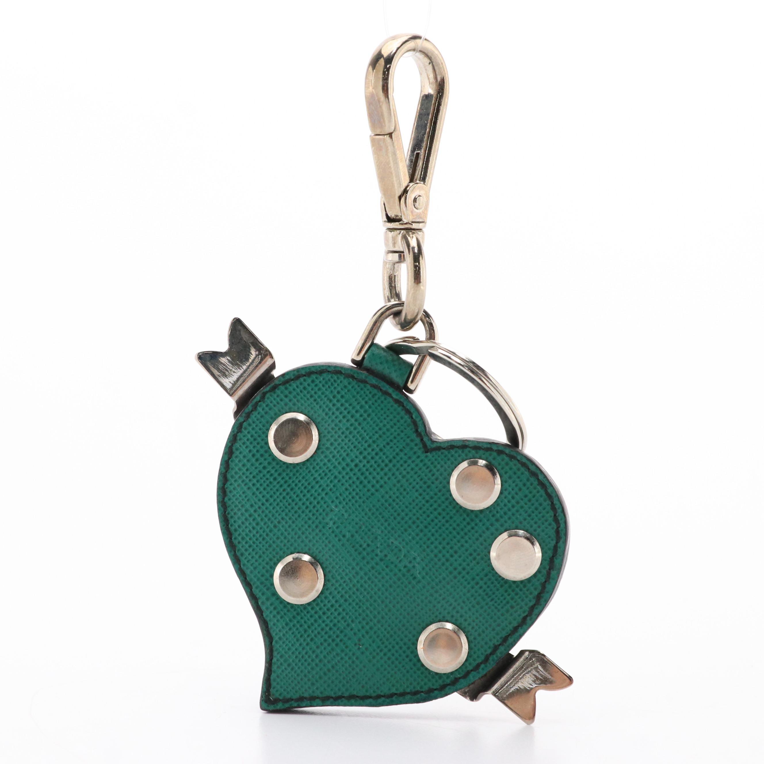 Prada Trick Heart Bag Charm/Keychain in Studded Teal Saffiano Leather