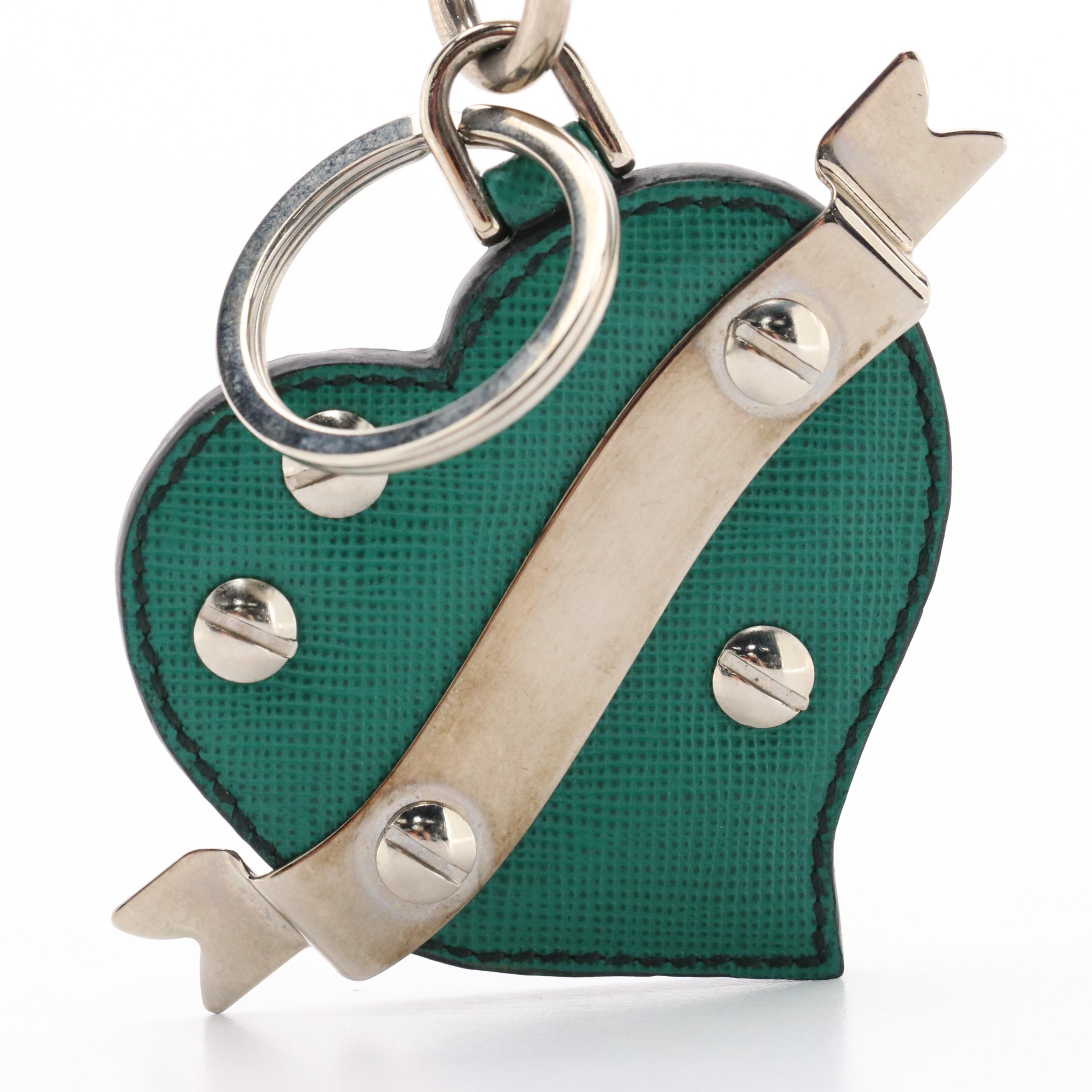 Prada Trick Heart Bag Charm/Keychain in Studded Teal Saffiano Leather