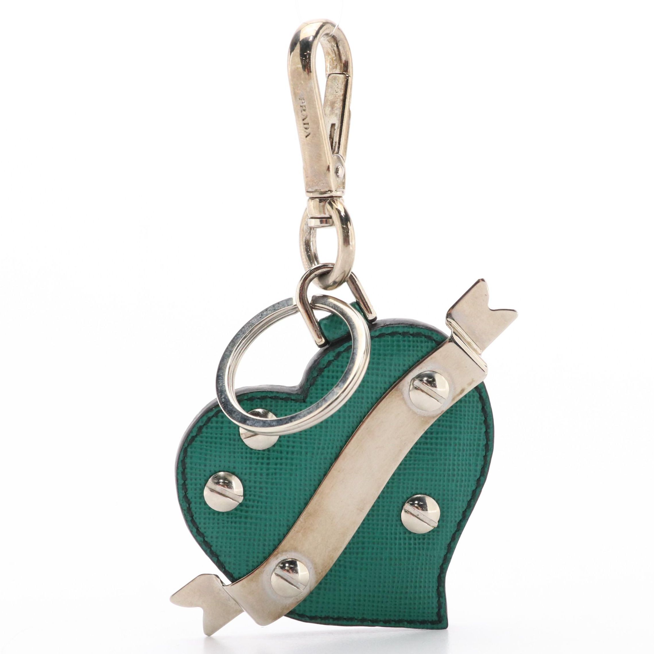 Prada Trick Heart Bag Charm/Keychain in Studded Teal Saffiano Leather