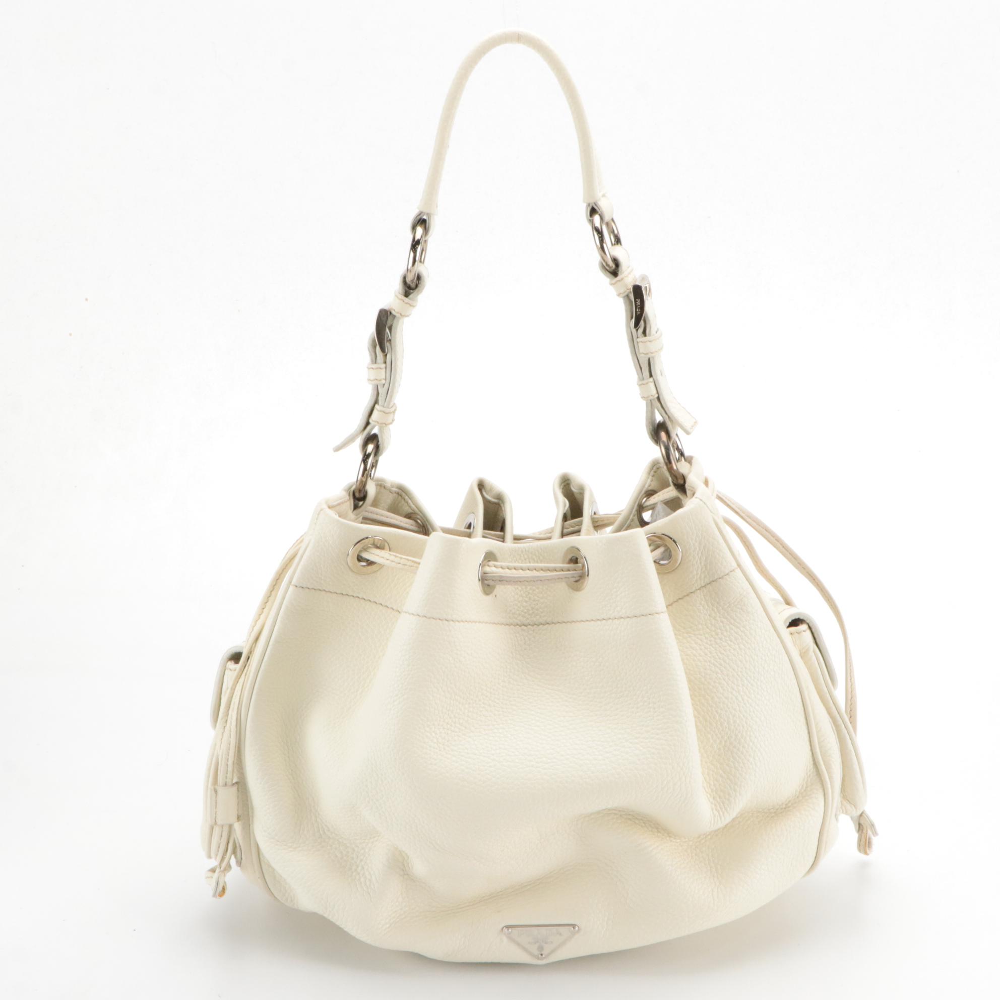 Prada Drawstring Bucket Shoulder Bag in White Grained Leather