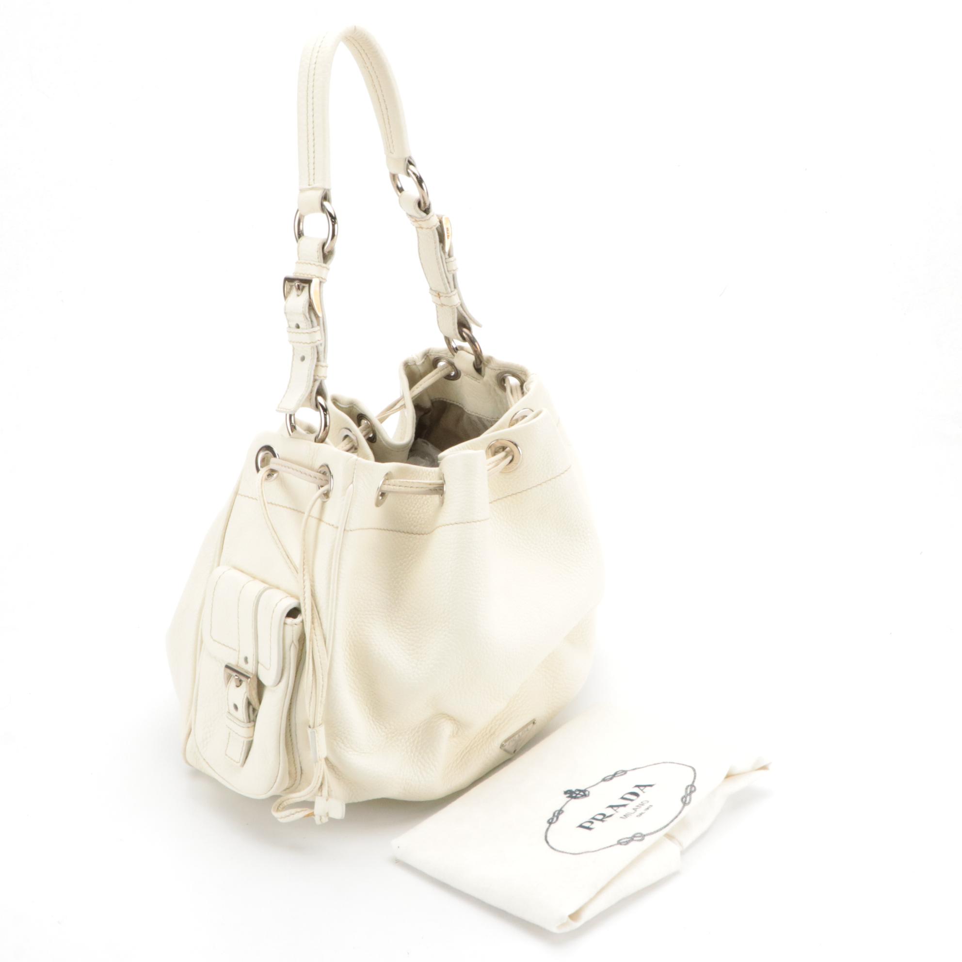 Prada Drawstring Bucket Shoulder Bag in White Grained Leather