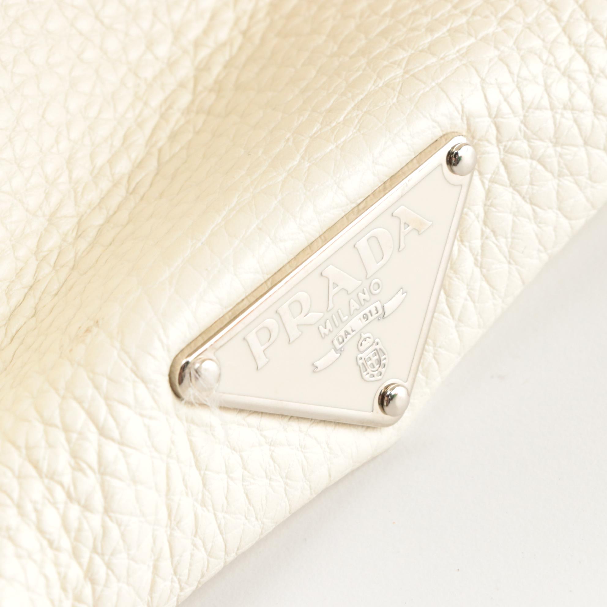 Prada Drawstring Bucket Shoulder Bag in White Grained Leather