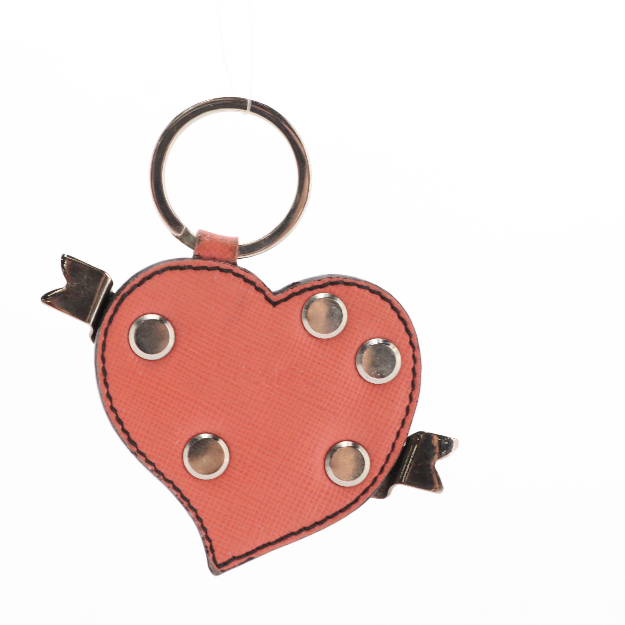 Prada Trick Heart Bag Charm/Keychain in Studded Coral Pink Saffiano Leather