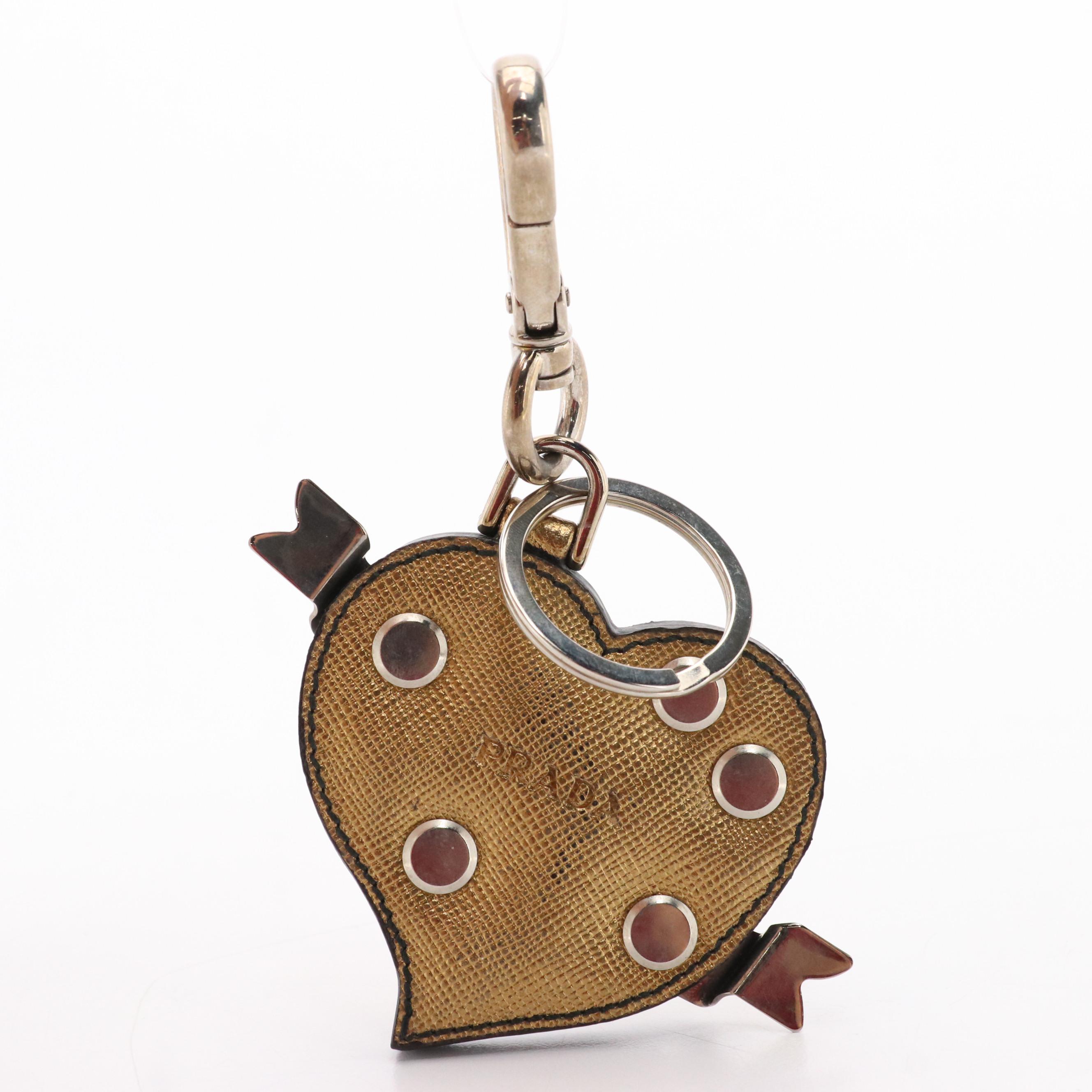 Prada Trick Heart Charm/Keychain in Studded Metallic Gold Tone Saffiano Leather