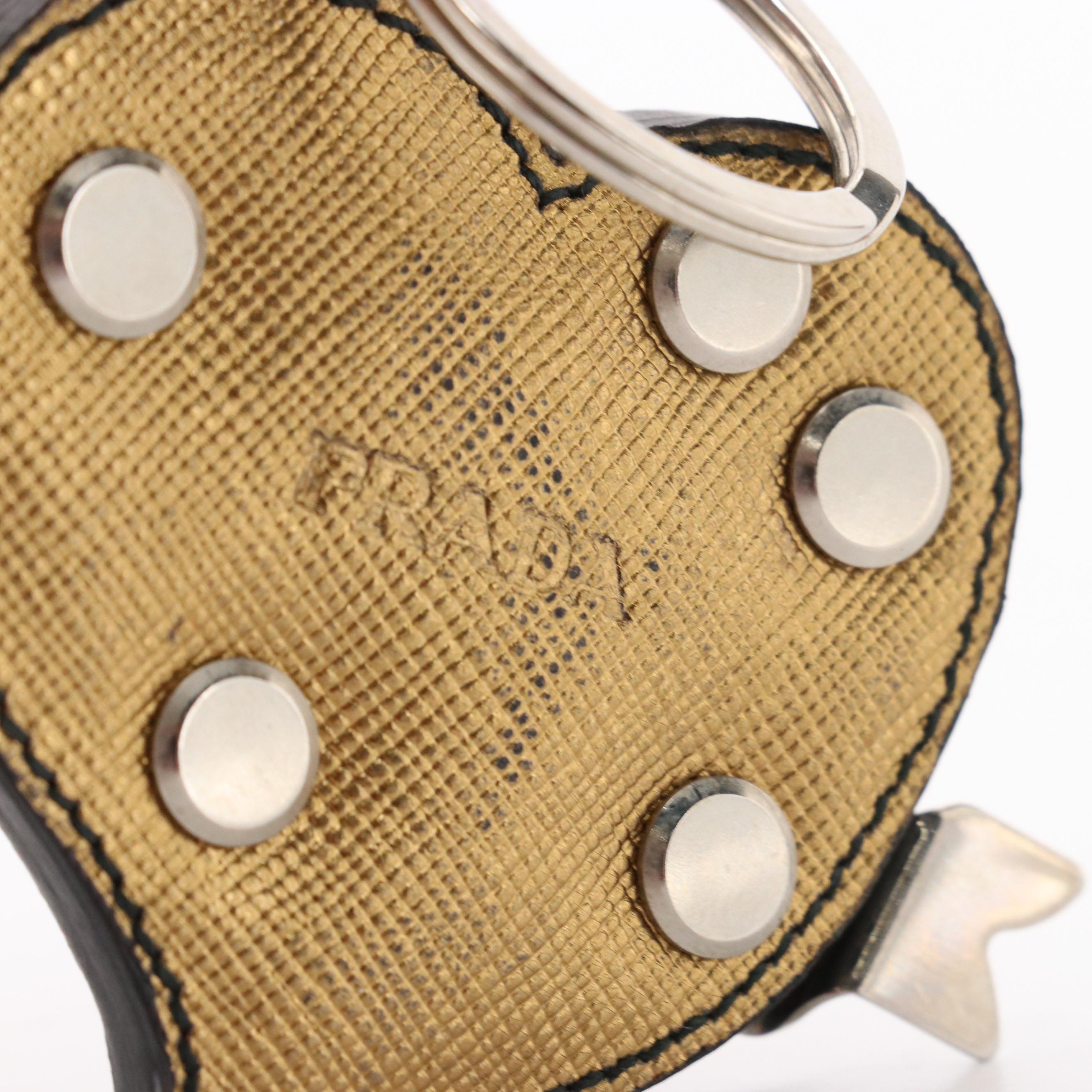 Prada Trick Heart Charm/Keychain in Studded Metallic Gold Tone Saffiano Leather