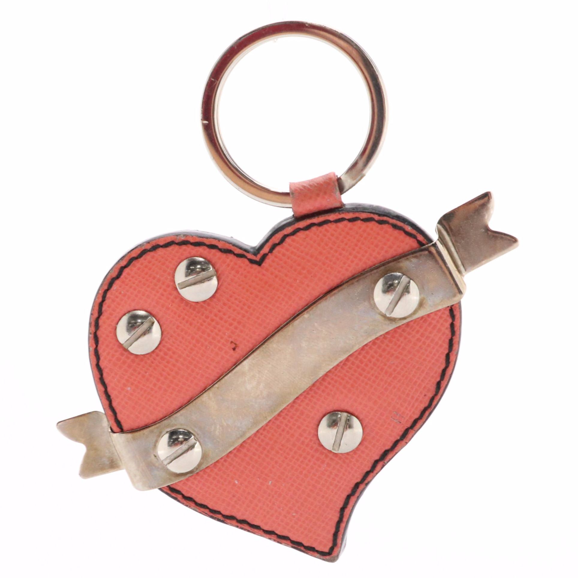 Prada Trick Heart Bag Charm/Keychain in Studded Coral Pink Saffiano Leather