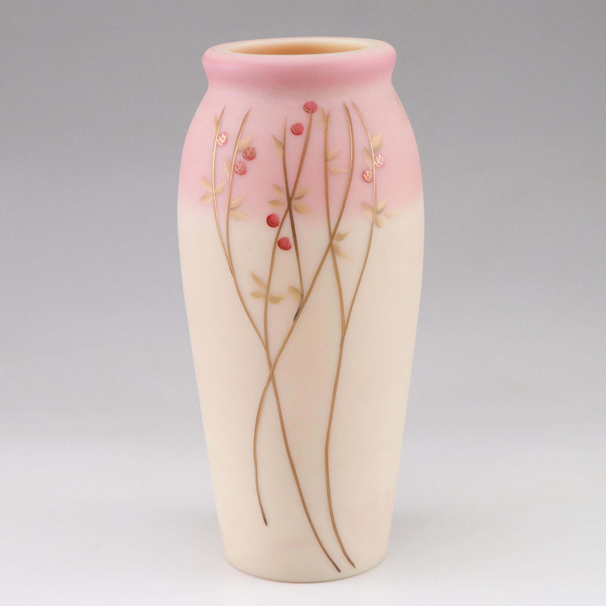 Fenton Burmese "Berries & Vine" Tall Hand Painted Vase Signed D Robinson