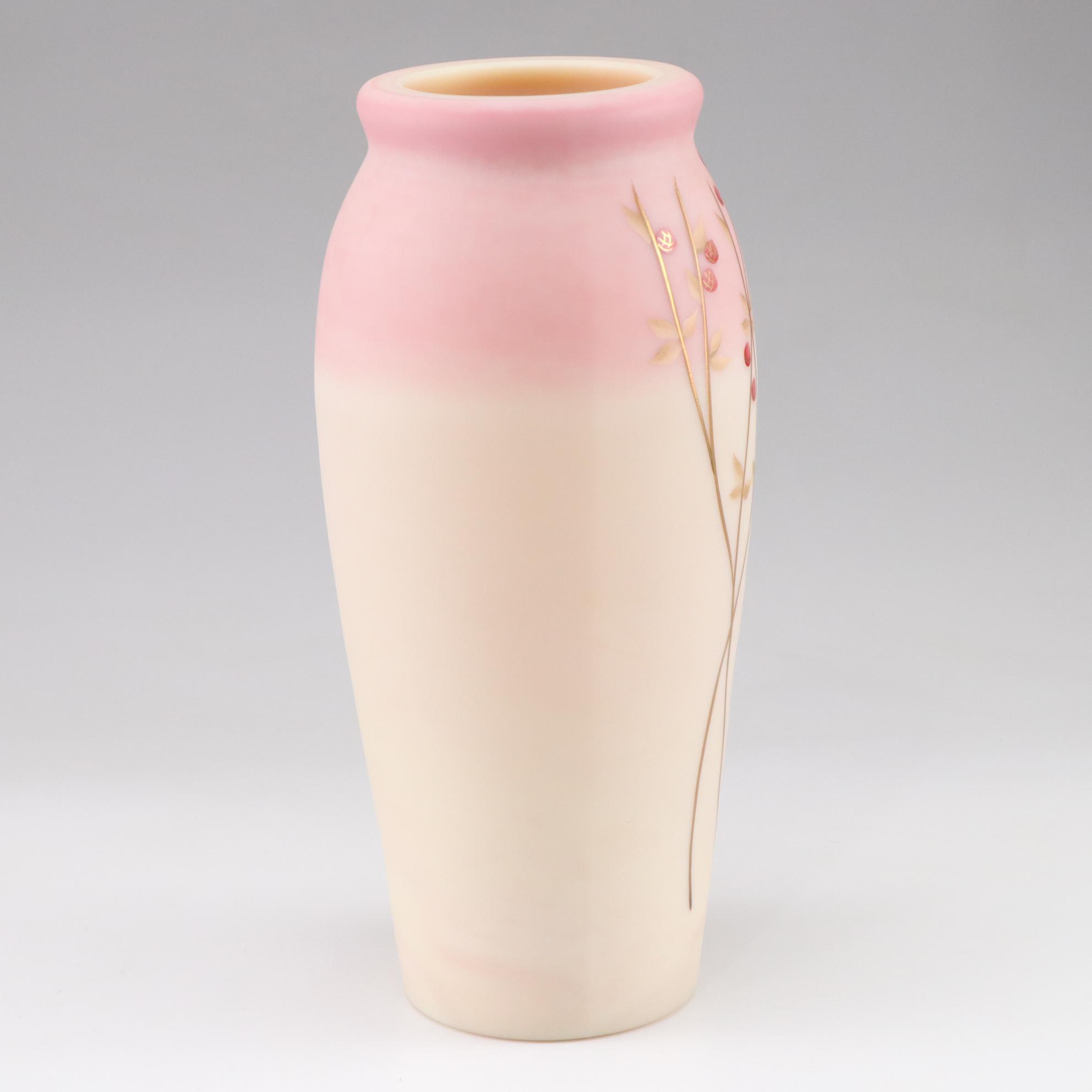 Fenton Burmese "Berries & Vine" Tall Hand Painted Vase Signed D Robinson