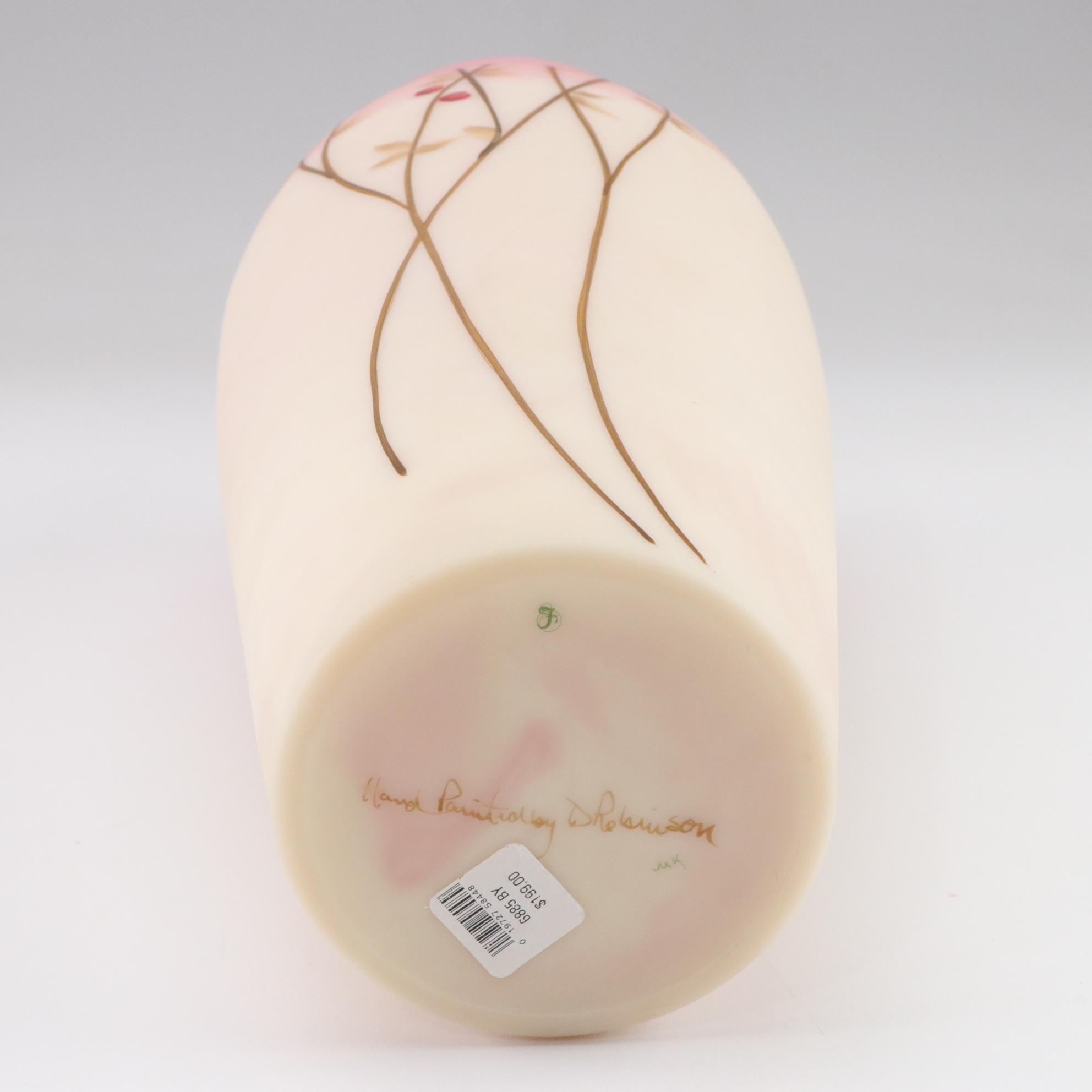 Fenton Burmese "Berries & Vine" Tall Hand Painted Vase Signed D Robinson