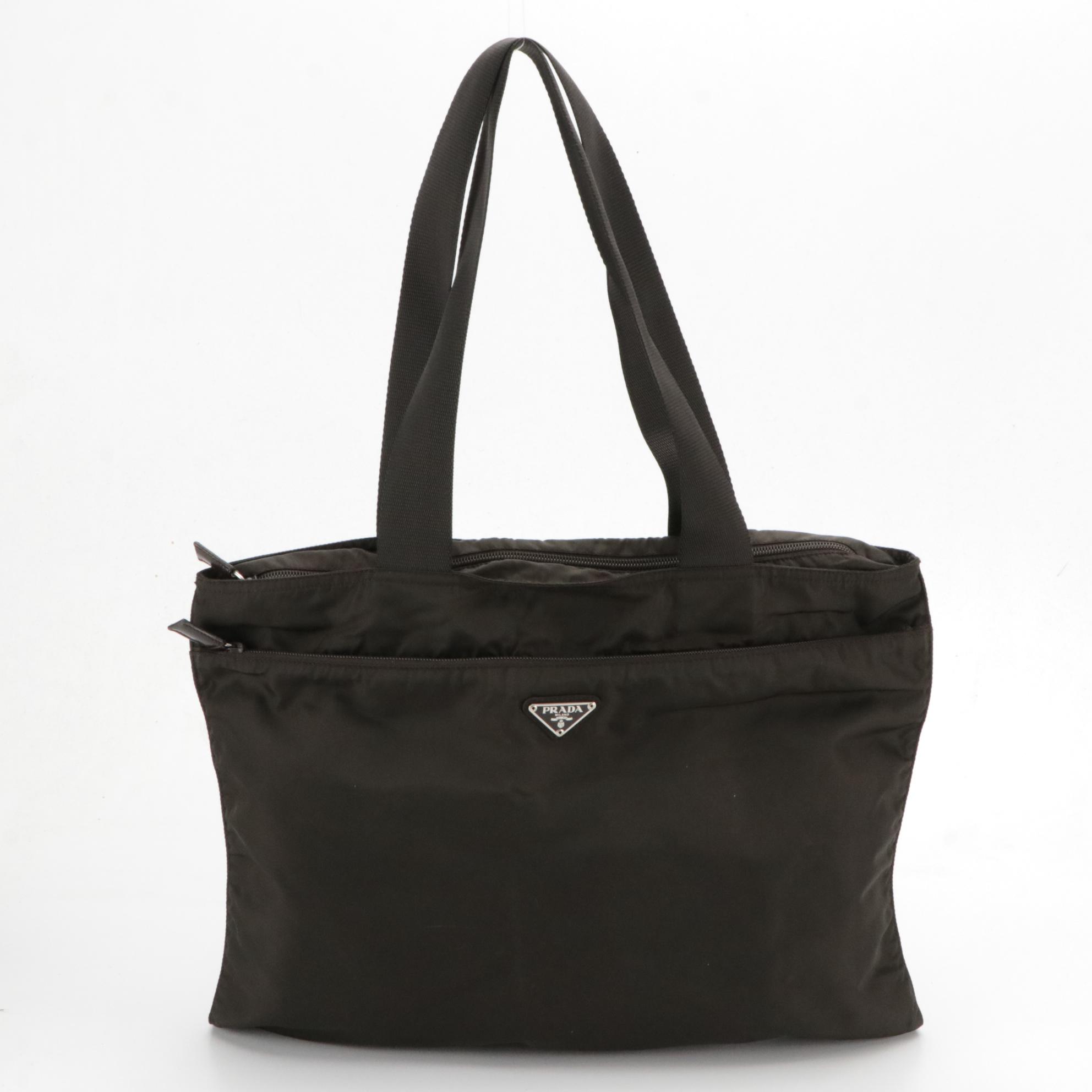 Prada Brown Nylon Flat Zippered Shoulder Tote Bag