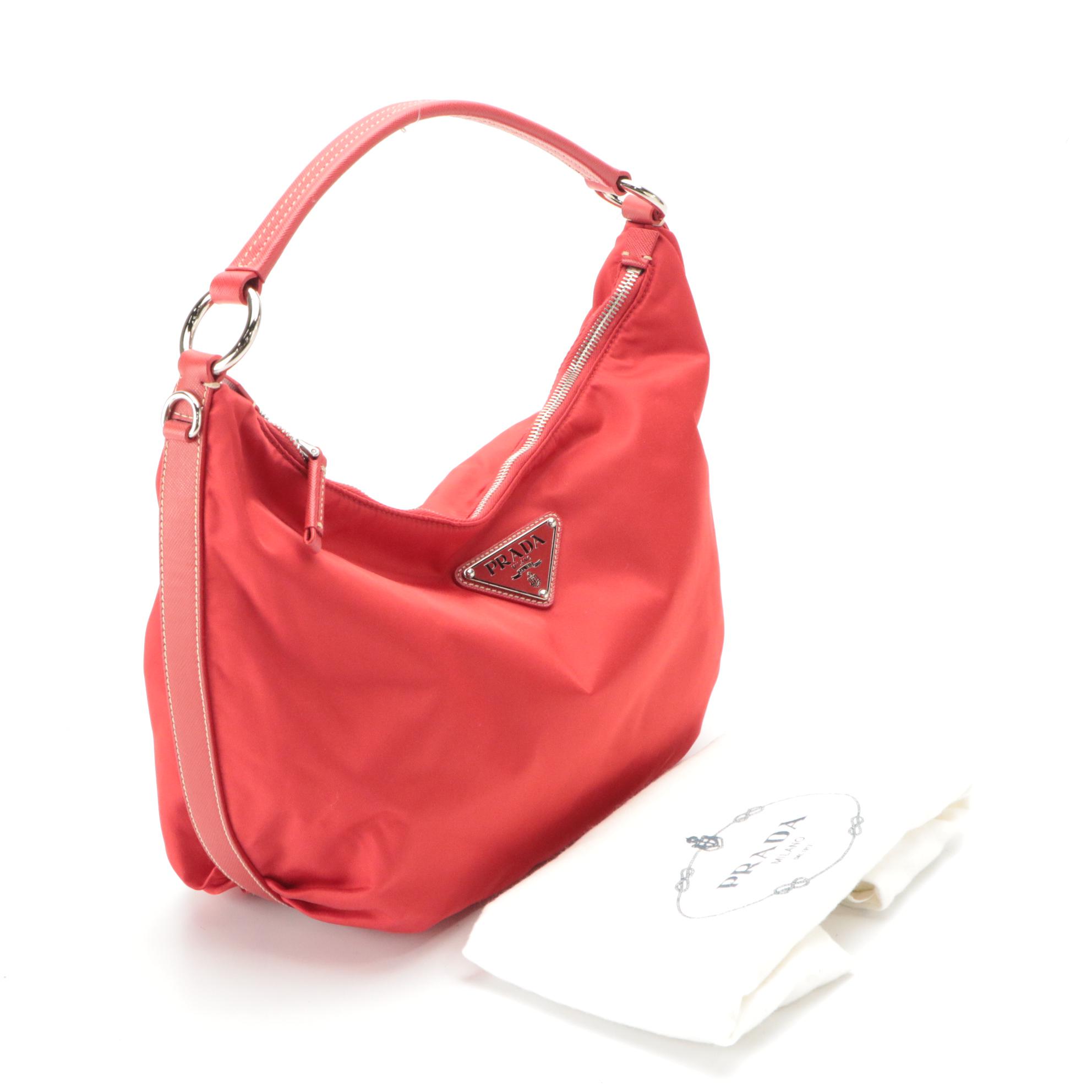 Prada Red Tessuto Nylon Hobo Shoulder Bag with Leather Trim