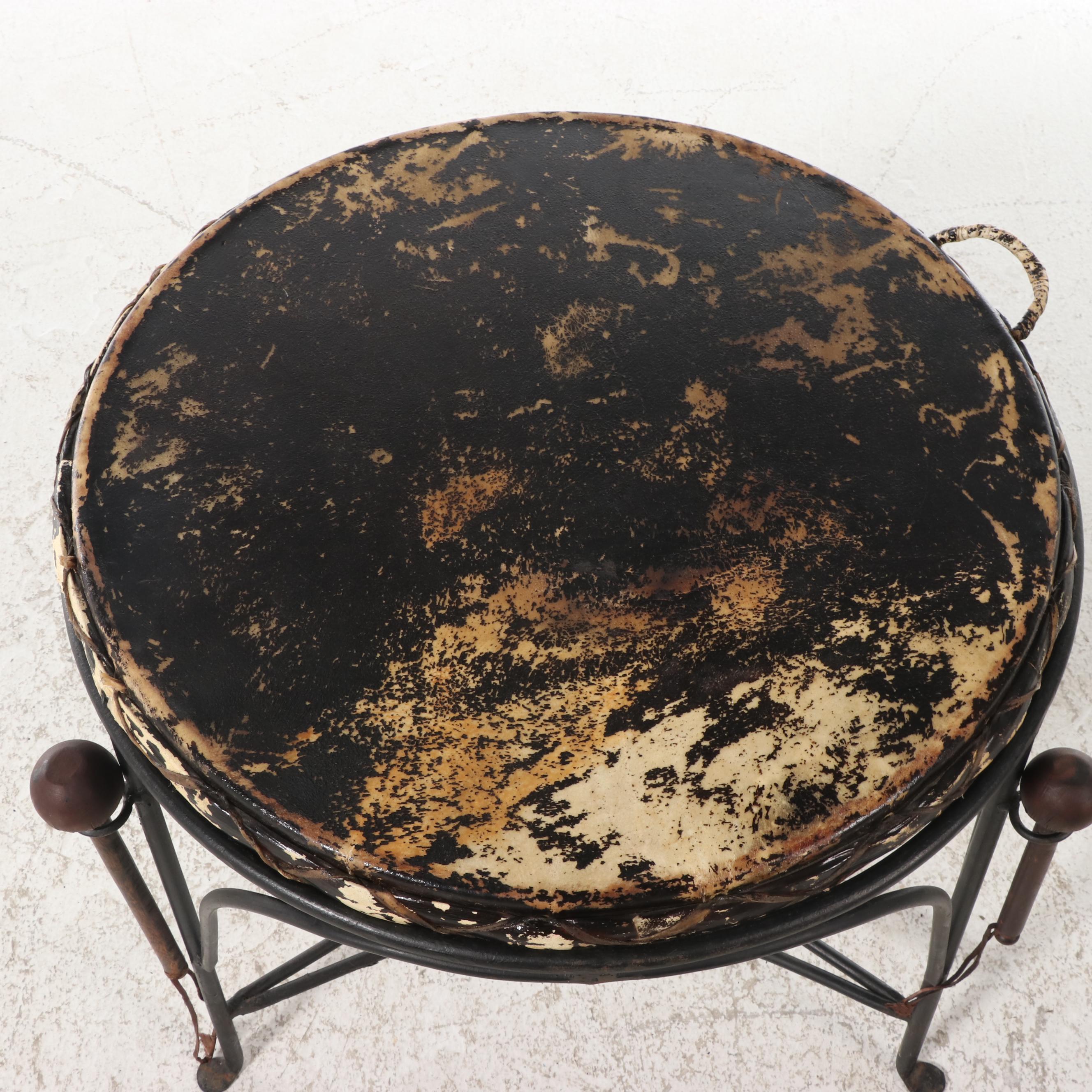 Arhaus African Style Leather and Iron Kettle Drum Table