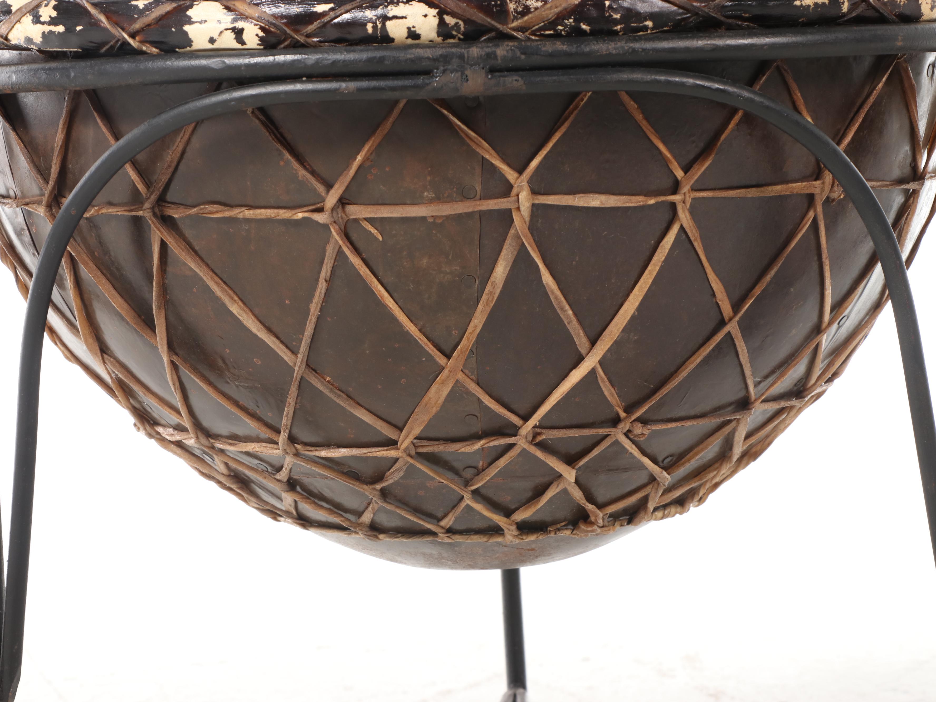 Arhaus African Style Leather and Iron Kettle Drum Table