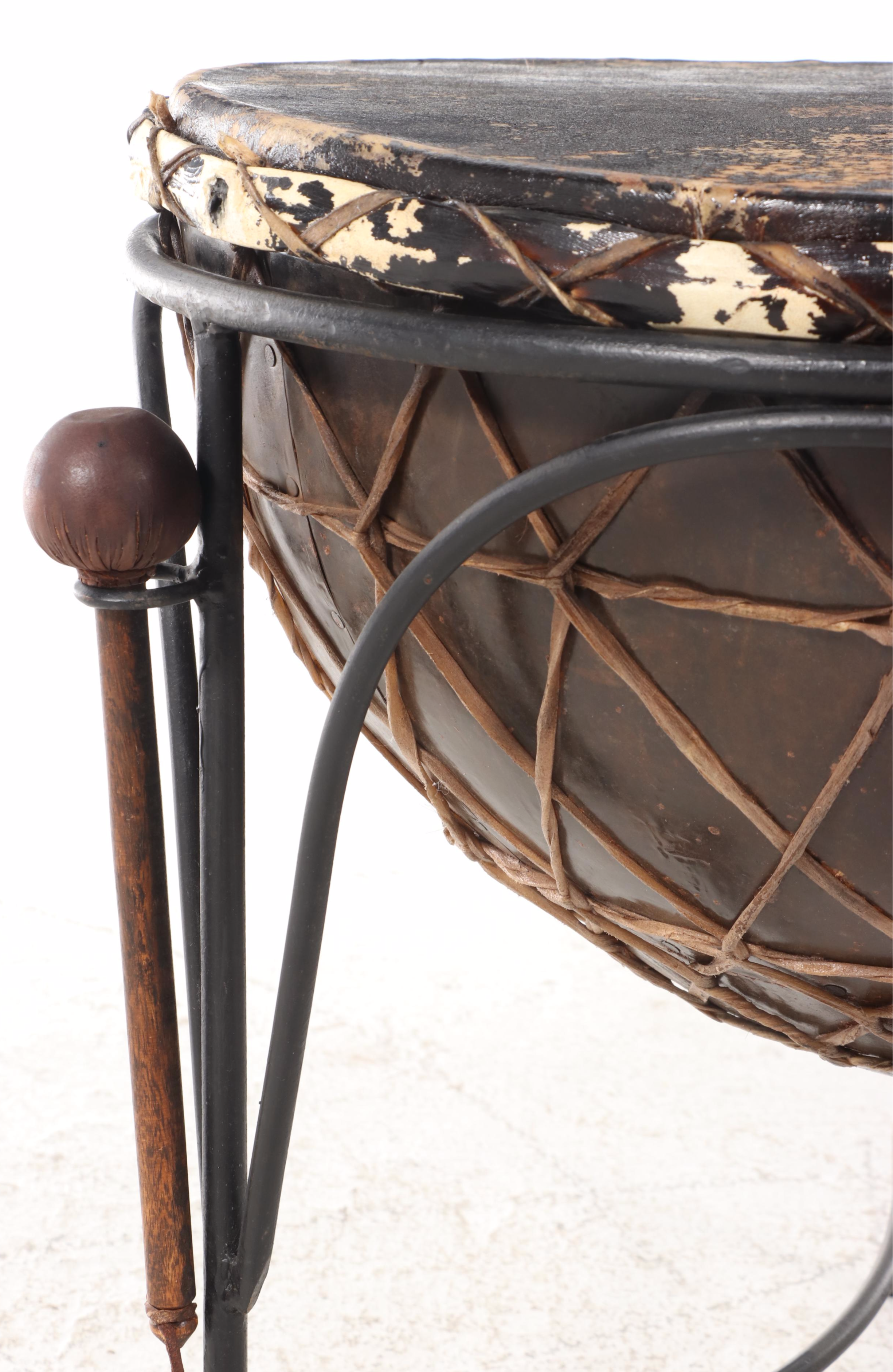 Arhaus African Style Leather and Iron Kettle Drum Table