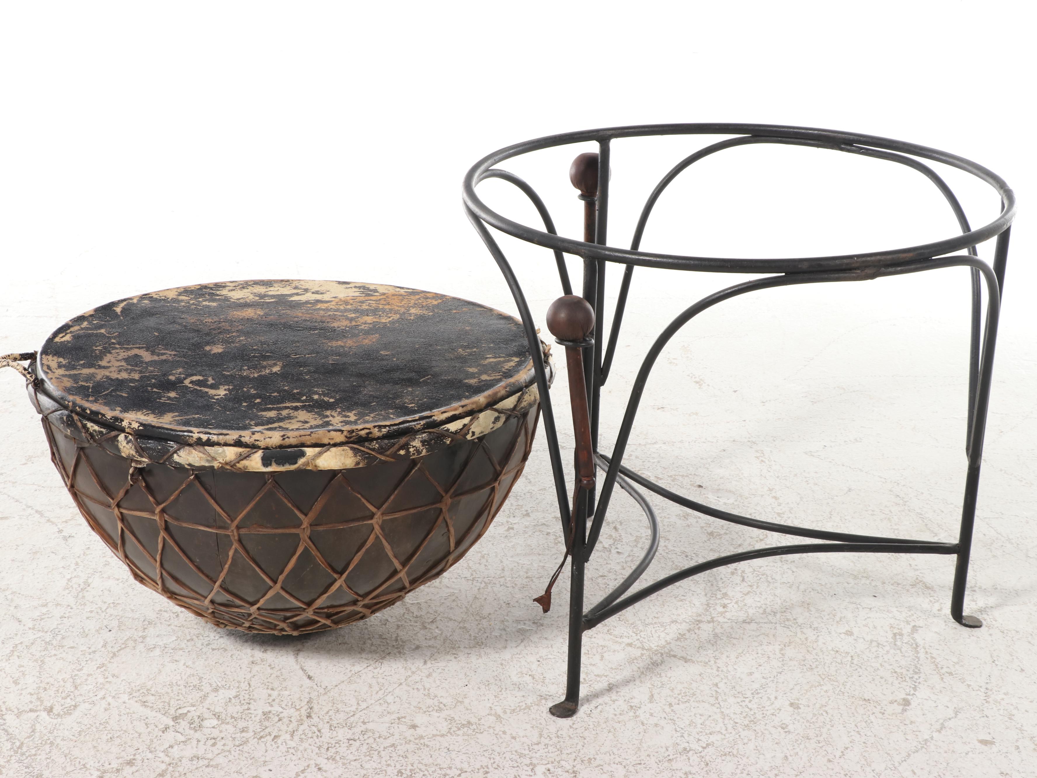 Arhaus African Style Leather and Iron Kettle Drum Table