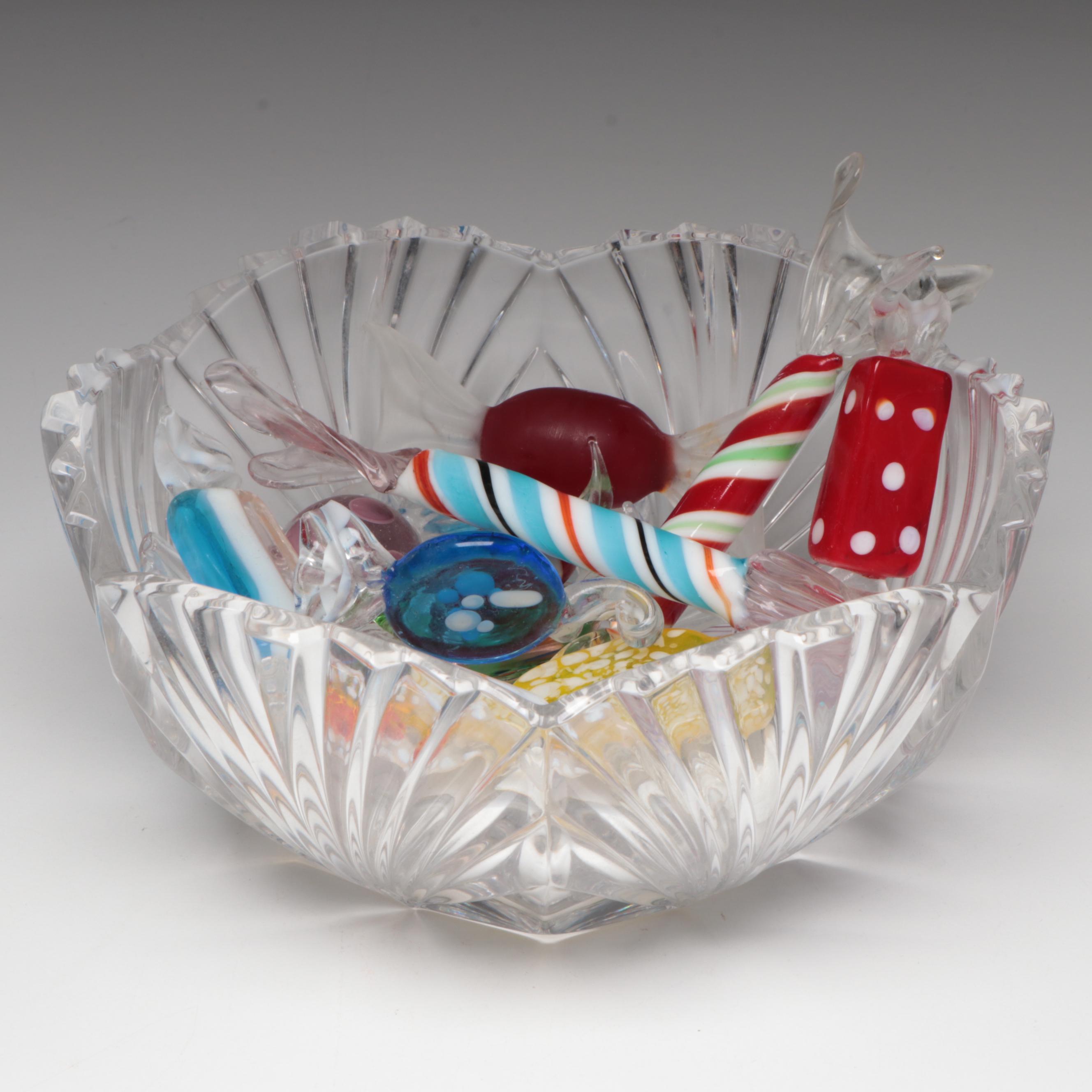 Handmade Art Glass Candy in Cut Crystal Bowl