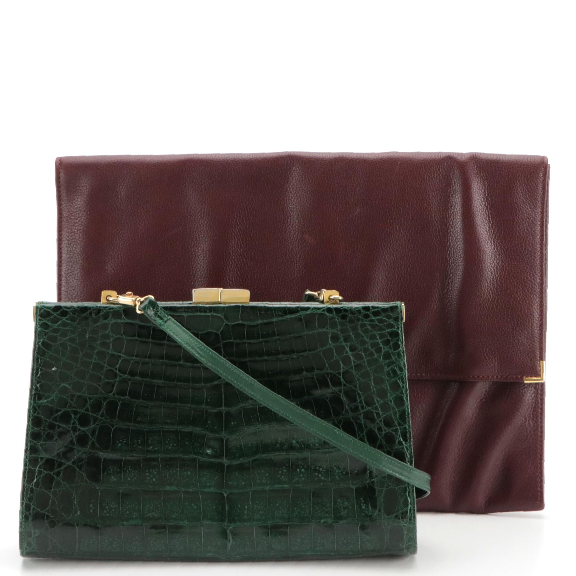 Neiman Marcus Grained Leather Flap Clutch, Embossed Crossbody Kiss-lock Clutch