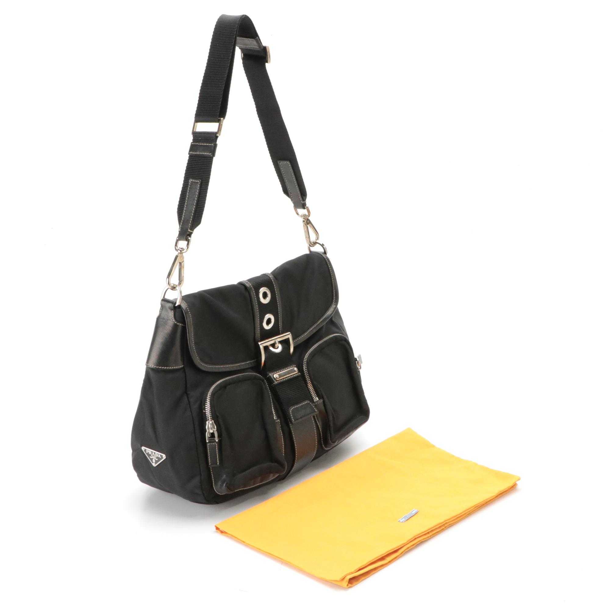 Prada Double Front Pocket Shoulder Bag in Nylon and Saffiano Leather