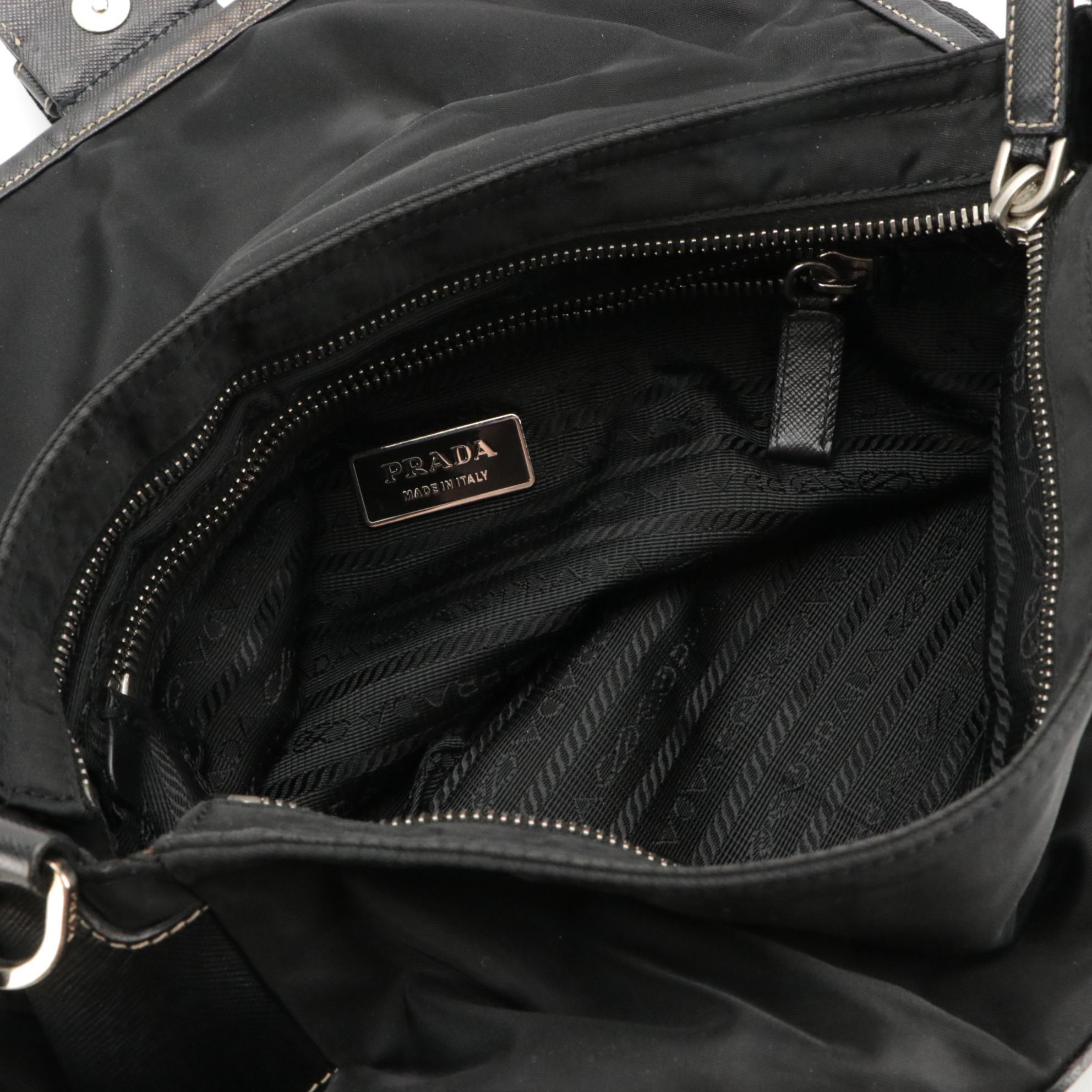 Prada Double Front Pocket Shoulder Bag in Nylon and Saffiano Leather